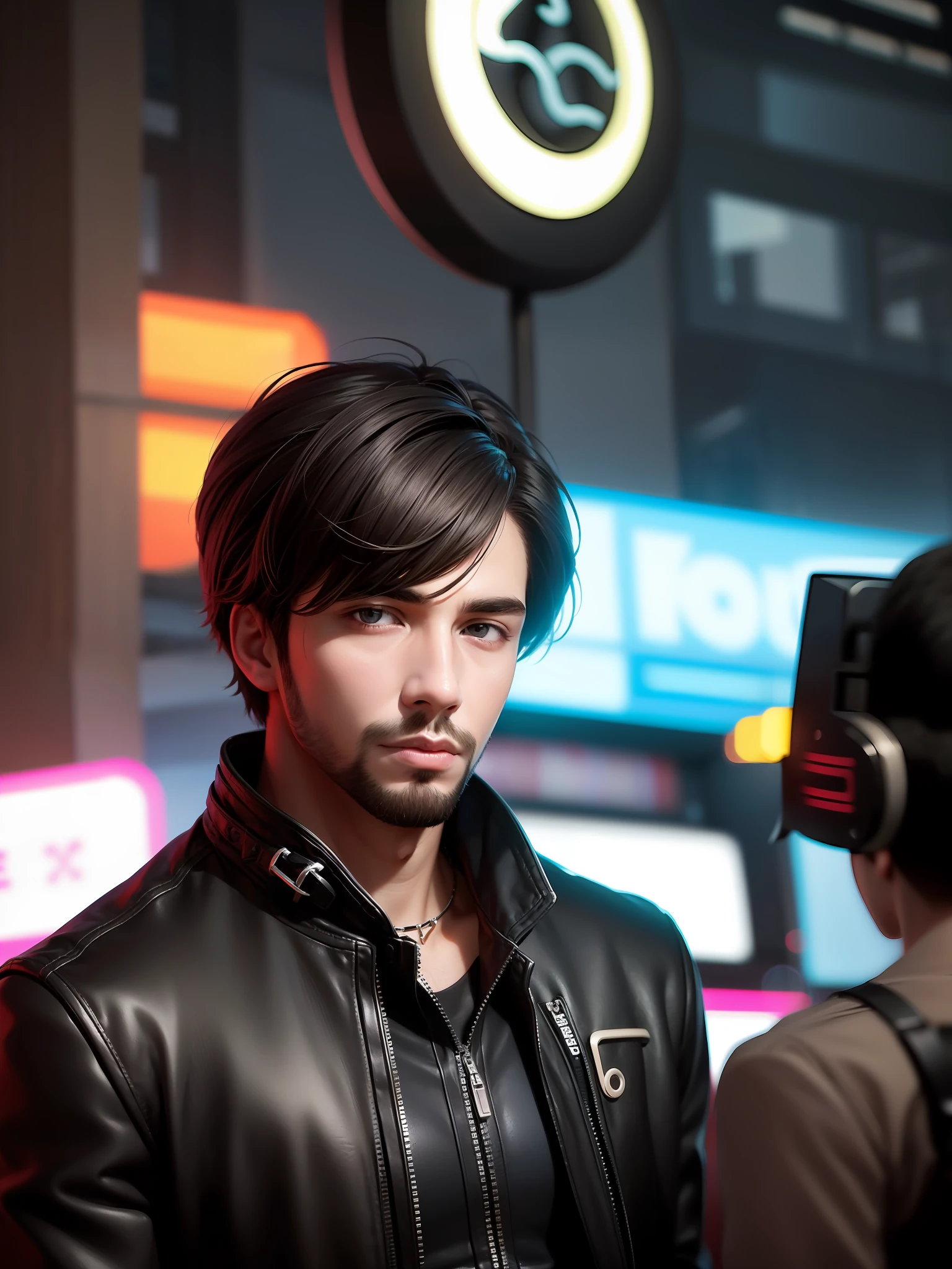 "An ultra-realistic depiction of a handsome cyberpunk boy in a black leather jacket against a futuristic Drake-inspired background with neon lights. Emphasize the futuristic and cyberpunk atmosphere of the scene, black hair and beard''