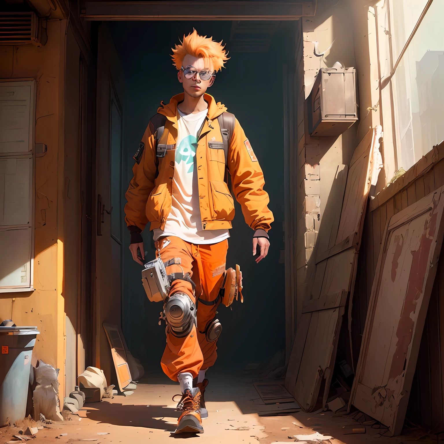 A punk-style man holding a mech-assembled cat