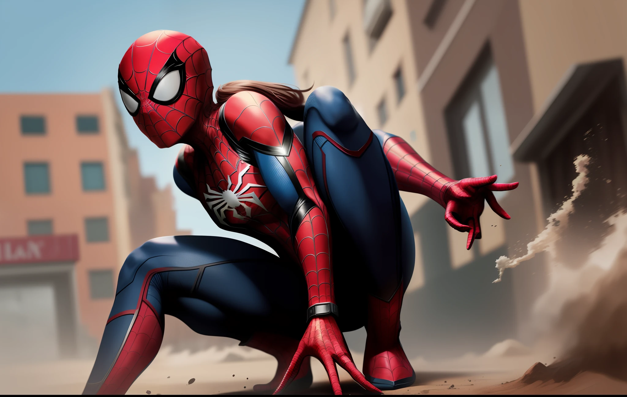 Female Spider-Man,pink uniform,Real Human,brunette color hair,A volley