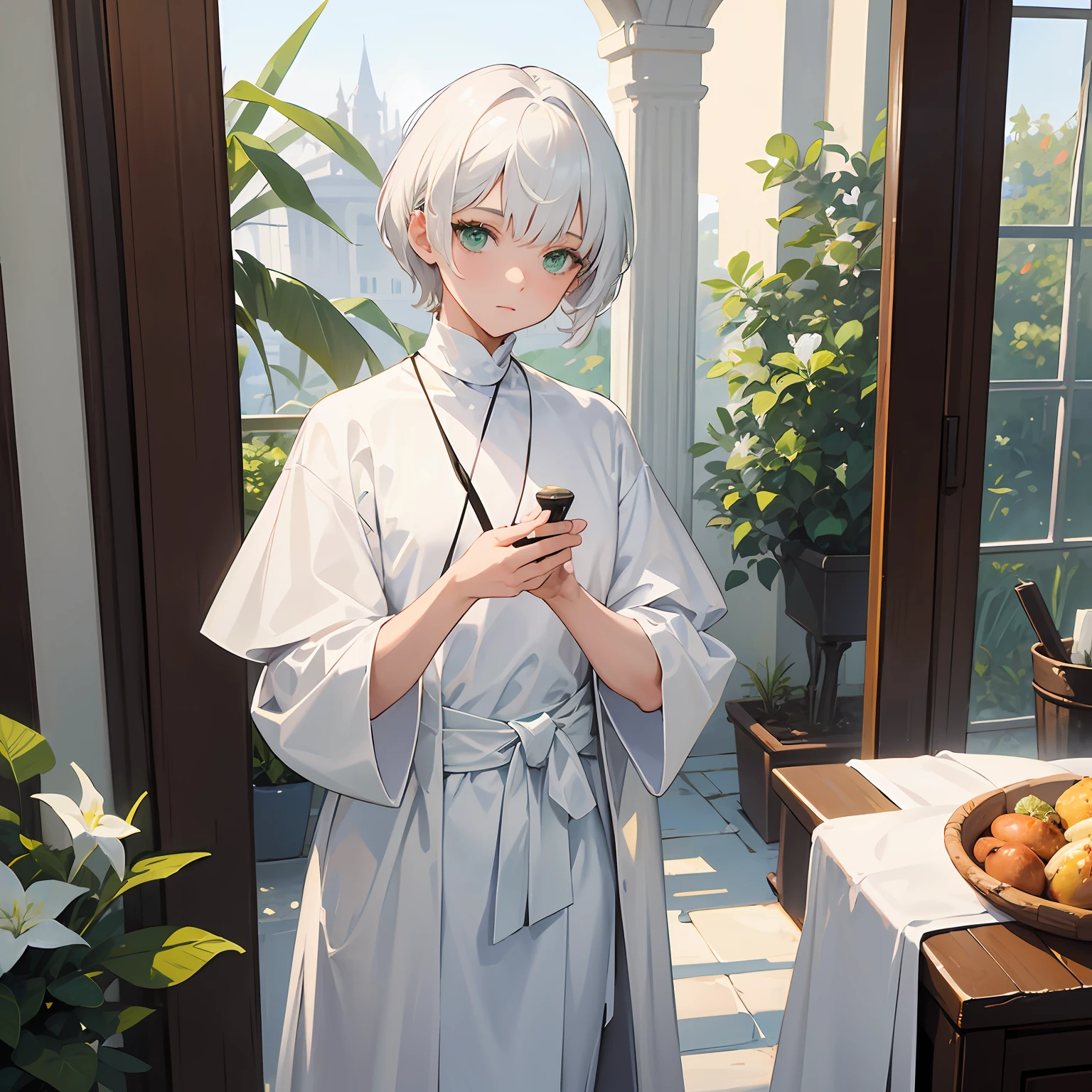 One was dressed in a white robe,A man with short hair is creating an oil painting,Green eyes shone contemplatively。The short sleeves are black turtlenecks,The figure appears petite。 --auto
