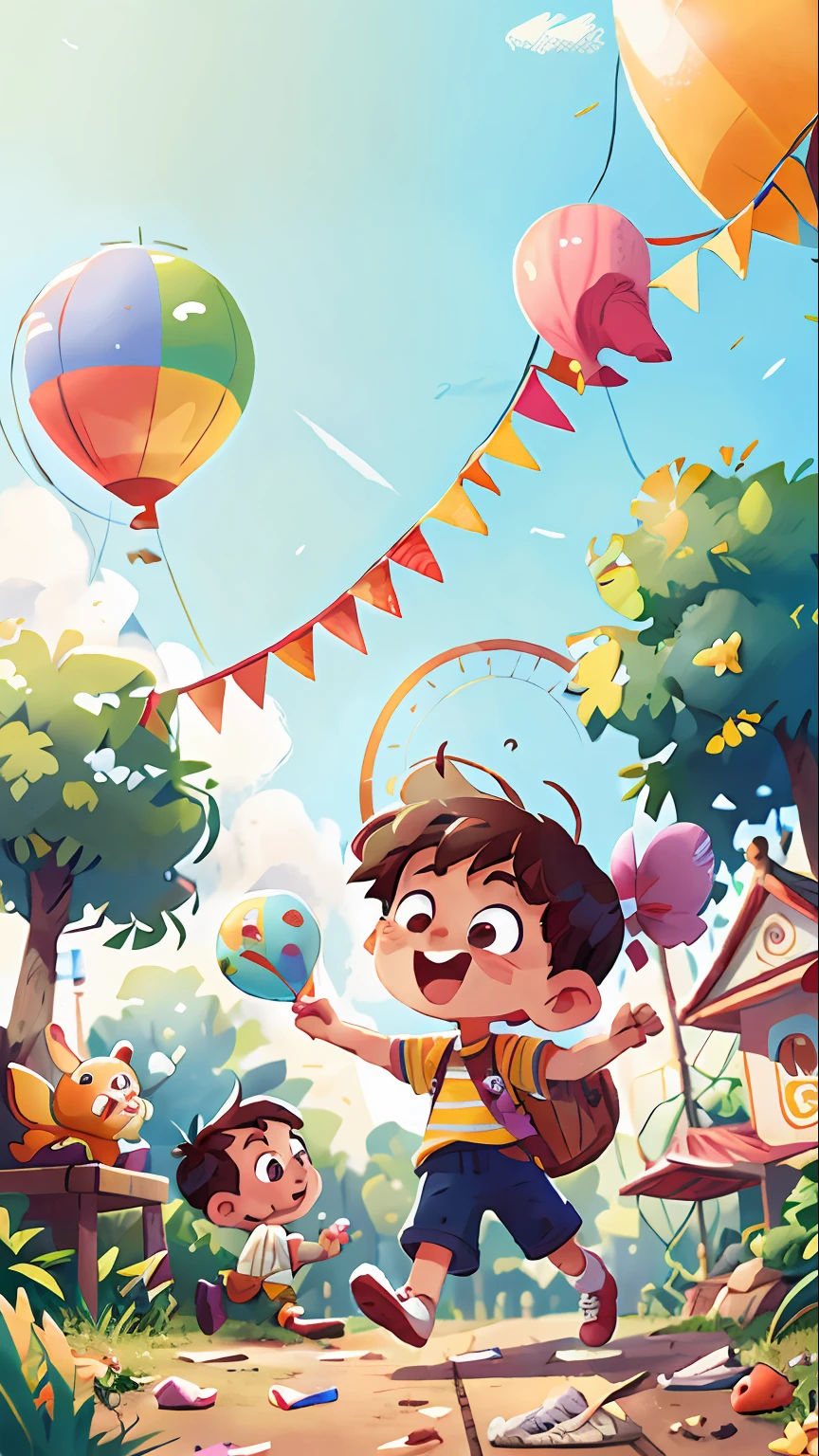 Poster making, Children's Day, in the amusement park, a little boy holding a balloon, happy, jumping, happy --v 6