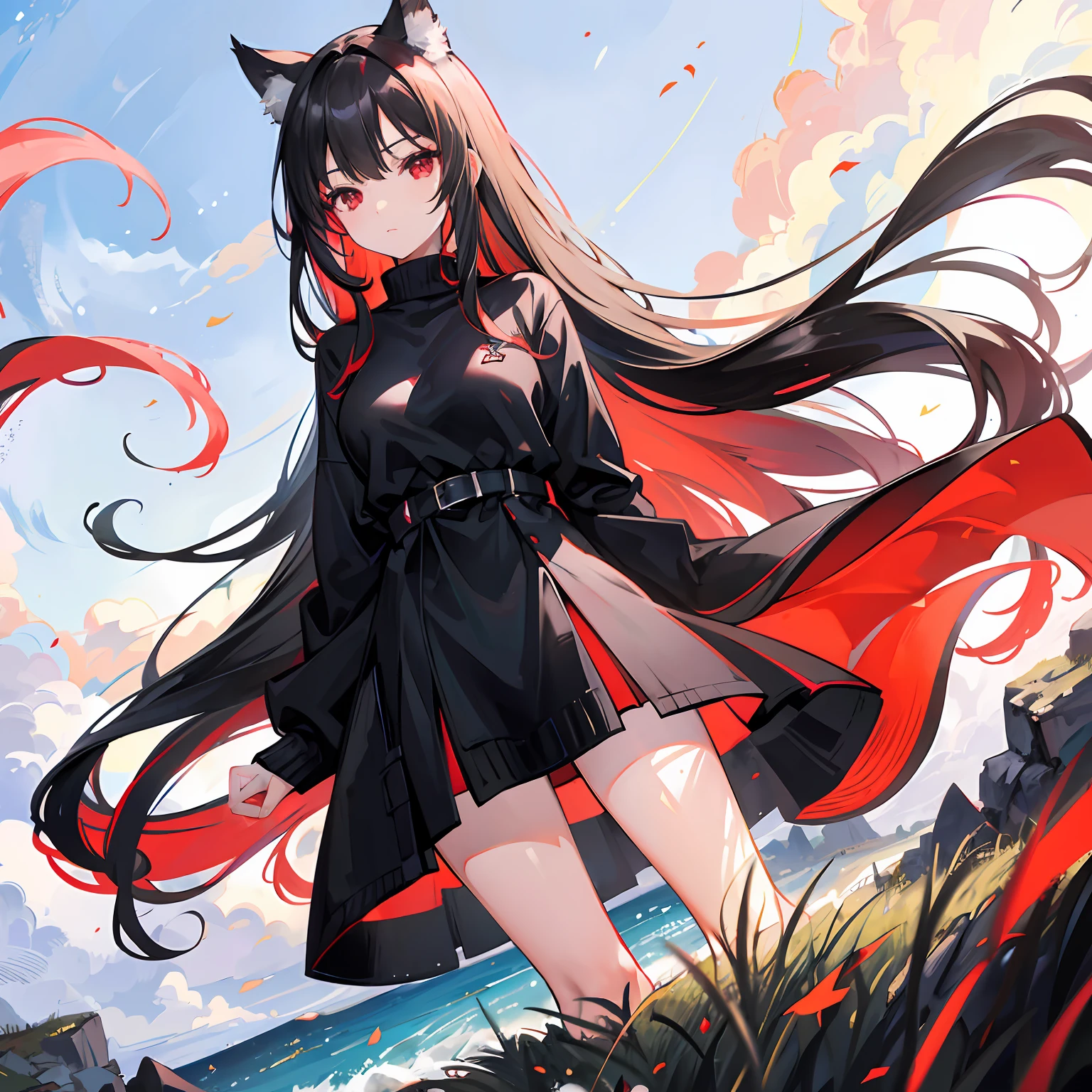 whaite hair,Red eyes,long whitr hair,Black sweater,Cat lady,Extremely detailed CG quality,Best light and shadow performance,Frivolous posture,Fresh and natural scene,large grassland,A gentle breeze,waves crashing,Light and shadow interlace,An exquisite and moving adventure。