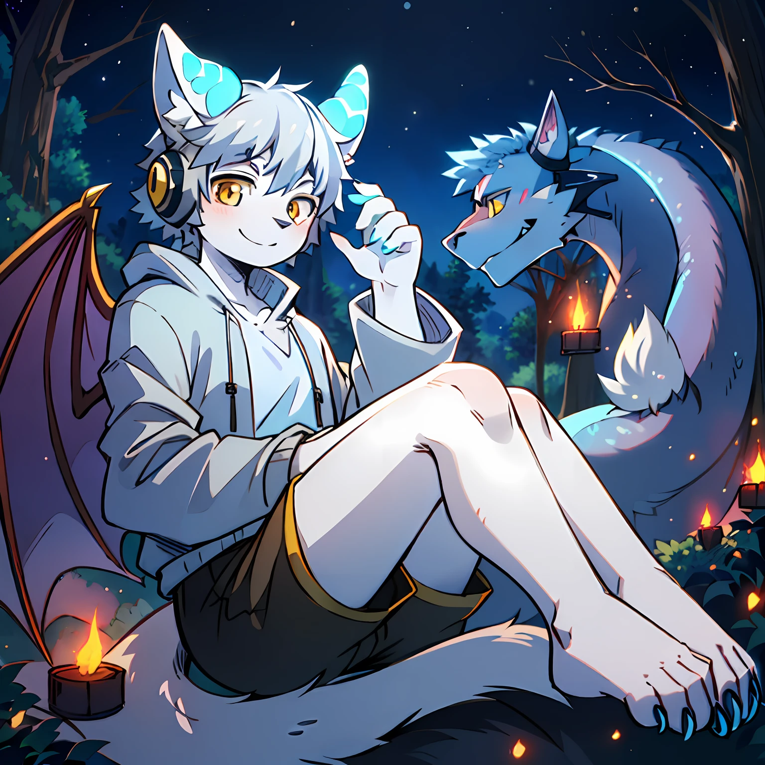 lewd eyes, in a panoramic view，Character focus，Full body like，独奏,solo person， Correct human anatomy。male people，Furry male wolf（Dragon and wolf combined），Yellow eyes，Blue skin，A pair of dragon wings, Gray hair(The long），Wear white ear headphones，couple（Little big breasts柄）Blue horn fluorescence，In the forest，the night，starrysky，Sit sideways on the treetops，Take control of the magic，Ice floating all around，grey shorts，Sports socks（Bare toes），Looking at the night sky，ssmile，DOA，Young style，height of one meter seven，Handsome， There is a wolf tail，k hd，8K，1440*2048