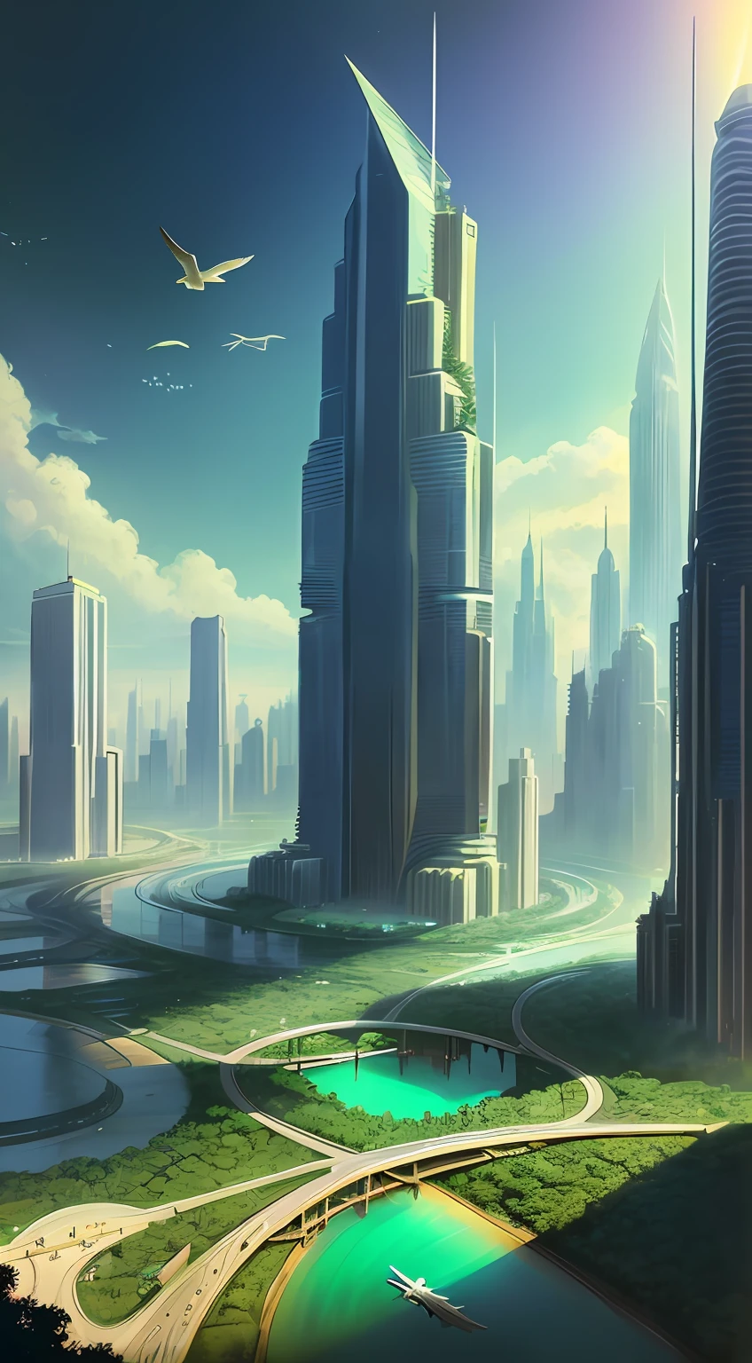 1970s scifi concept art, A sprawling cityscape where towering skyscrapers are interwoven with verdant vegetation and meandering rivers, birds flying freely among the buildings