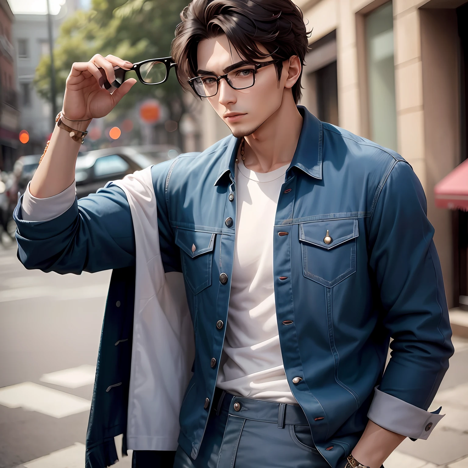 male people,26 year old,170cm,wears glasses,Thin in size,Left hand Armani watch,Right hand Buddha bead bracelet,Sports and leisure,short- sleeved,occupation:E-commerce designer