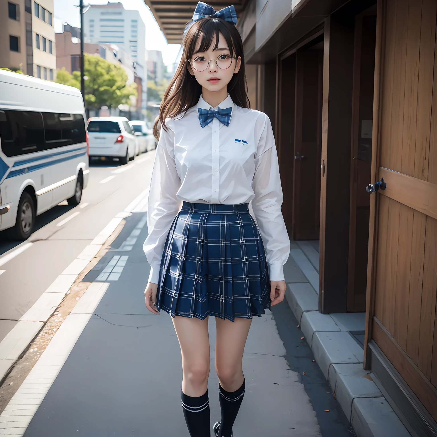 (8K、Raw photography、top-quality、masterpiece:1.2),full body Esbian,masterpiece,top-quality、超A high resolution,Raw photo,ren,Beautiful fece,One Person, 独奏,eye glass,,Dark look,Small breasts,fullllbody,Round glasses、cute little、A Japanese Lady,is standing,(Tight eyes,Bullish,skinny,Rasping,irate,small tits,flat breast)、(Photorealsitic:1.37)、Photon mapping,Light blue ribbon,Realistic、Cute little face,Brown-eyed、Black socks、Red bow tie、Radio City、Physically Based Rendering、Foreground、depth of fields、Blurry background、a picture,The girls、Body, Long legs, Thin leg, Single knot ponytail,Let your hair flow forward、(Bangs are visible), hair, s lips, Blue_The eye, nosesoft, Light blue shirt, Navy blue and blue and white plaid pleated skirt, Sheer clothing,, Thigh, Black cotton socks,Nogizaka Idol, 女優, Japanese ido