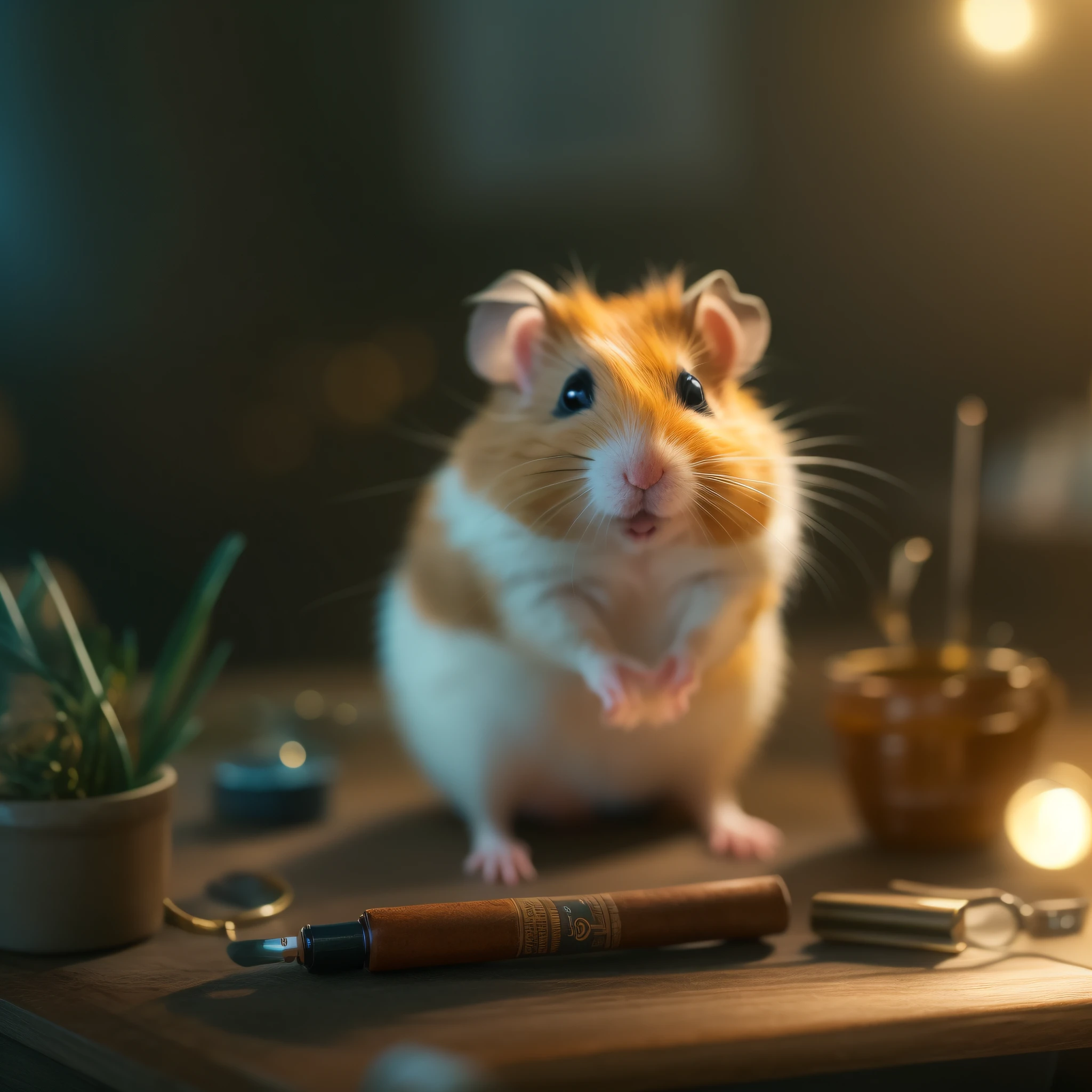 A furry hamster sits on a desk， Animal focus， looking at viewert， realisticlying， Background bokeh，handpainted，digitial painting，gentlesoftlighting，4K 分辨率，photoreal render，Highly detailed and clean，movie light effect，Photorealistic masterpiece，professional photoshooting