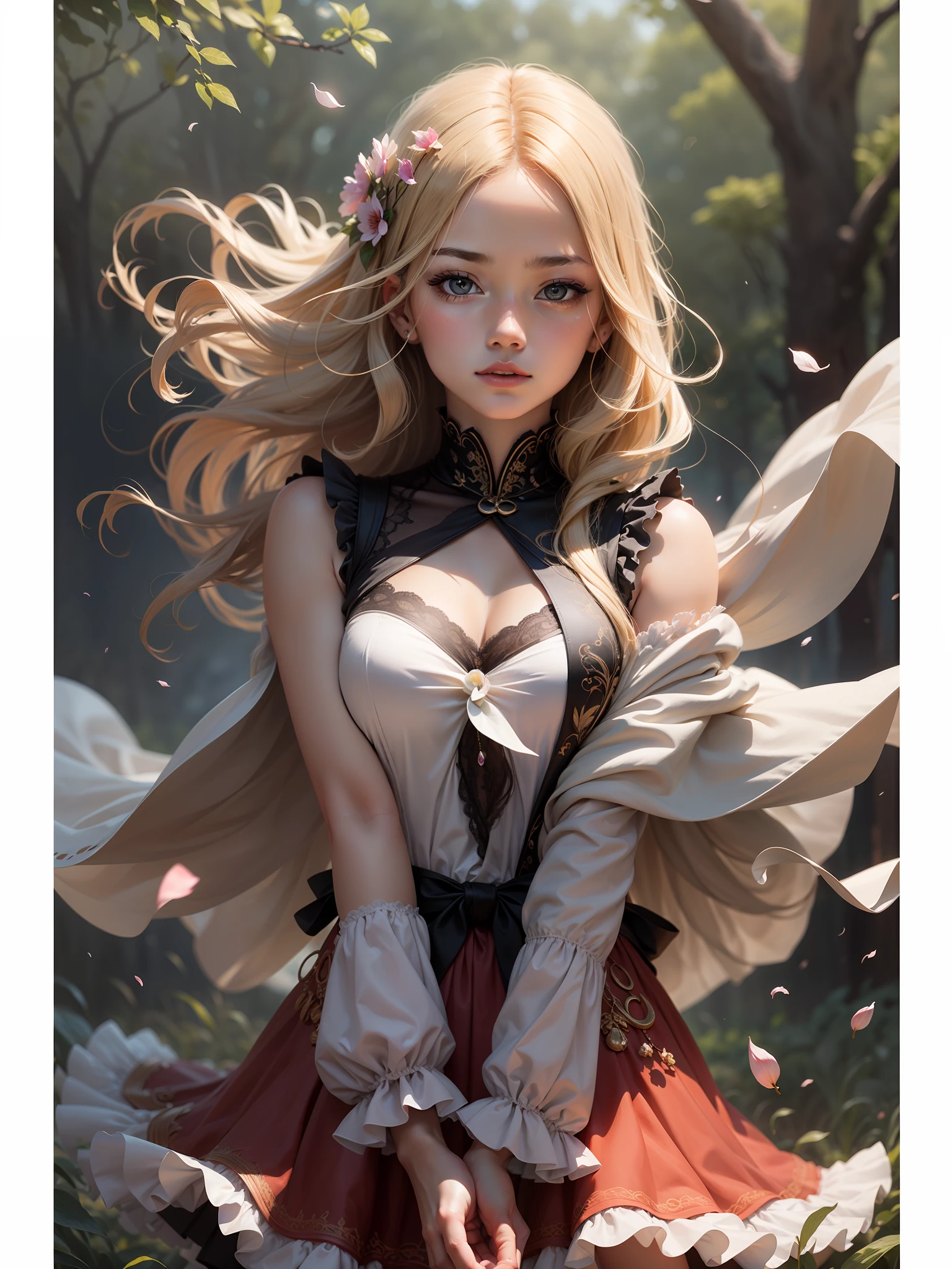 (best quality, masterpiece), 1girl, pose, particle, wind, flower, upper body, simple background, looking at viewer, focus on face, blonde,