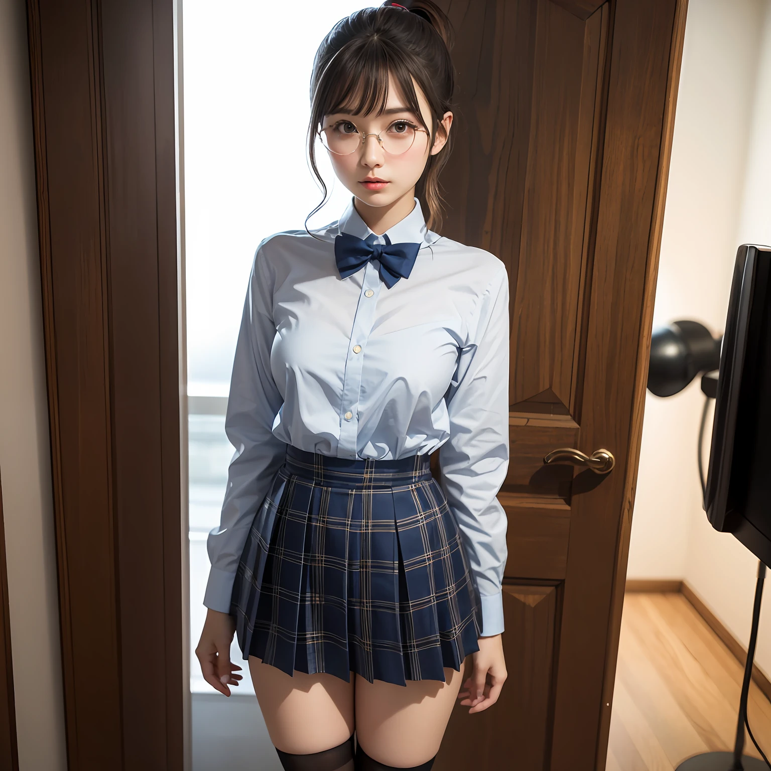 (8K、Raw photography、top-quality、masterpiece:1.2),full body Esbian,masterpiece,top-quality、超A high resolution,Raw photo,ren,Beautiful fece,One Person, 独奏,eye glass,,Dark look,Small breasts,fullllbody,Round glasses、cute little、A Japanese Lady,is standing,(Tight eyes,Bullish,skinny,Rasping,irate,small tits,flat breast)、(Photorealsitic:1.37)、Photon mapping,Light blue ribbon,Realistic、Cute little face,Brown-eyed、Black socks、Red bow tie、Radio City、Physically Based Rendering、Foreground、depth of fields、Blurry background、a picture,The girls、Body, Long legs, Thin leg, Single knot ponytail,Let your hair flow forward、(Bangs are visible), hair, s lips, Blue_The eye, nosesoft, Light blue shirt, Navy blue and blue and white plaid pleated skirt, Sheer clothing,, Thigh, Black cotton socks,Nogizaka Idol, 女優, Japanese ido