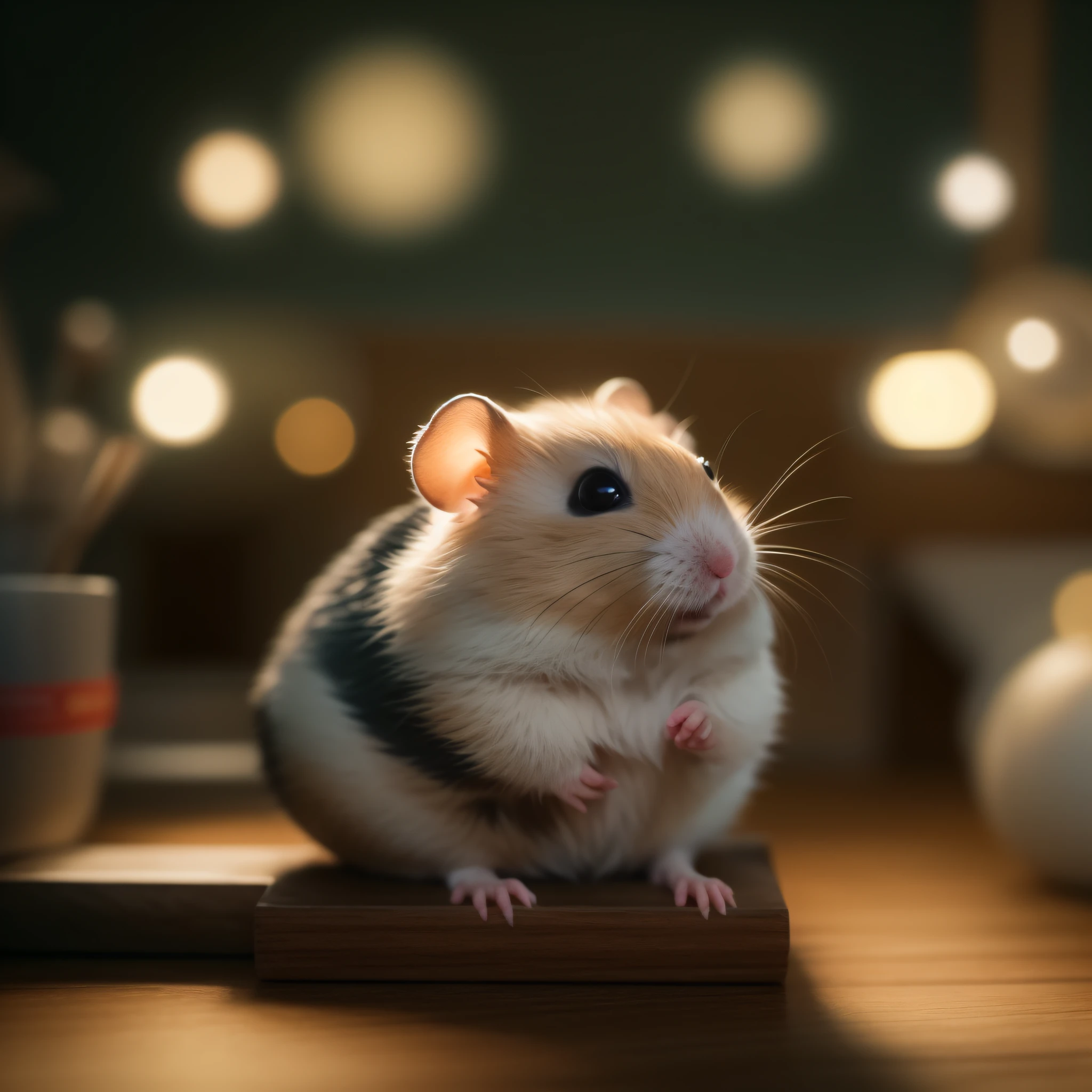 A furry hamster sits on a desk， Animal focus， looking at viewert， realisticlying， Background bokeh，handpainted，digitial painting，gentlesoftlighting，4K 分辨率，photoreal render，Highly detailed and clean，movie light effect，Photorealistic masterpiece，professional photoshooting