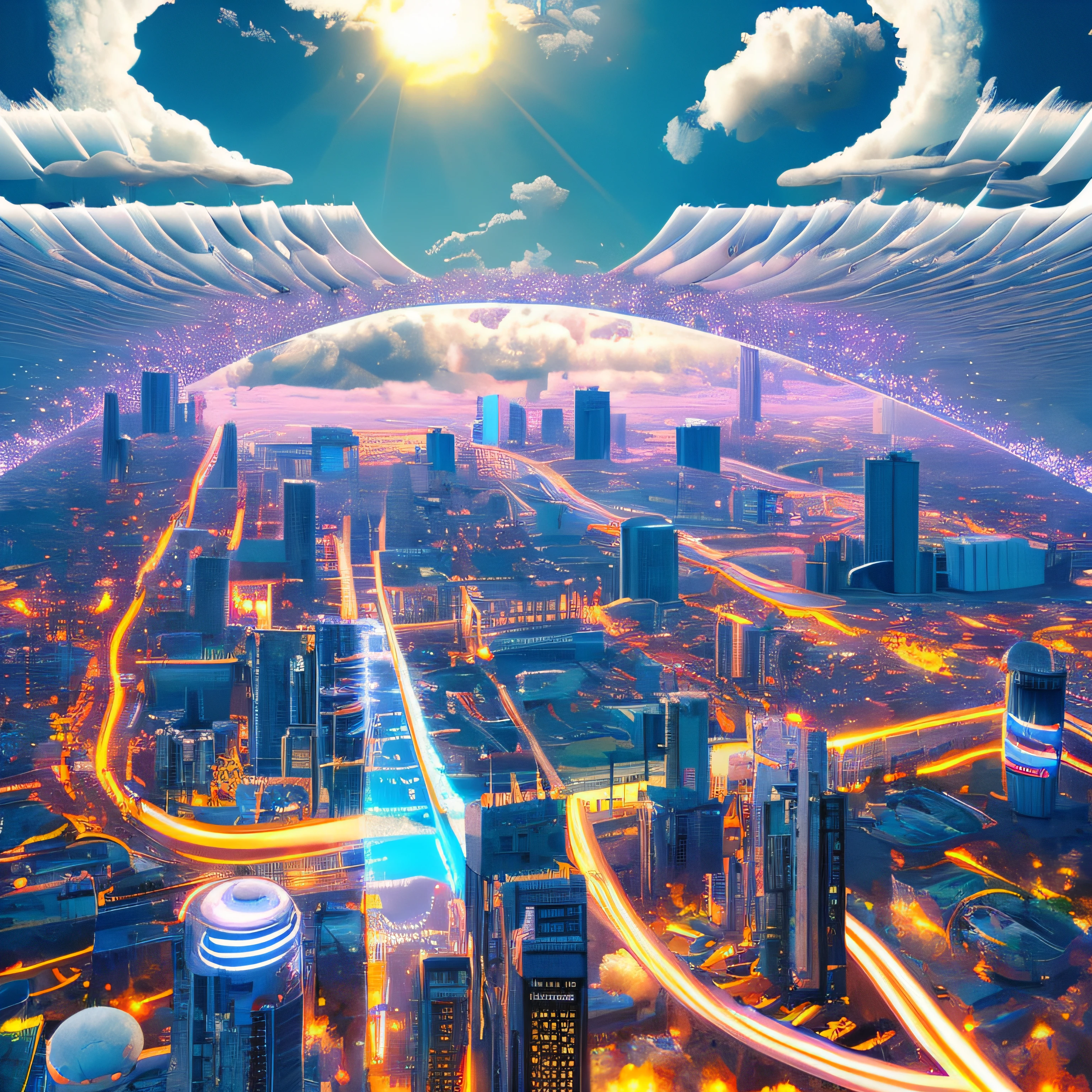 Heaven if it were cyberpunk, volumetric, neon, clouds, bright lights, angelic, beautiful scenery