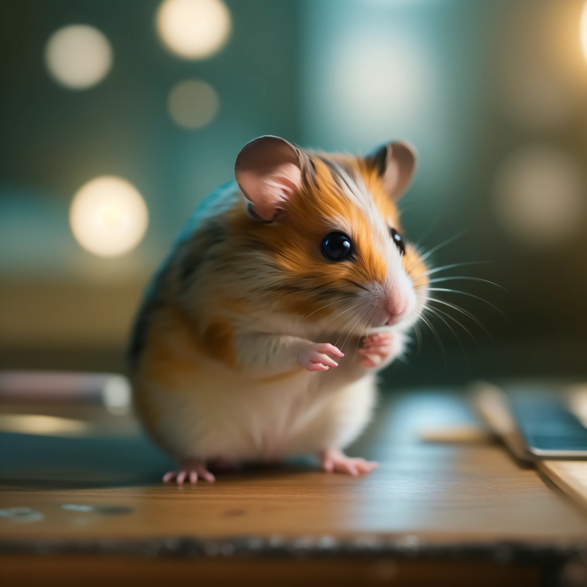 A furry hamster sits on a desk, Animal focus, looking at viewert, realisticlying, Background bokeh,handpainted,digitial painting,gentlesoftlighting,4K 分辨率,photoreal render,Highly detailed and clean,movie light effect,Photorealistic masterpiece,professional photoshooting