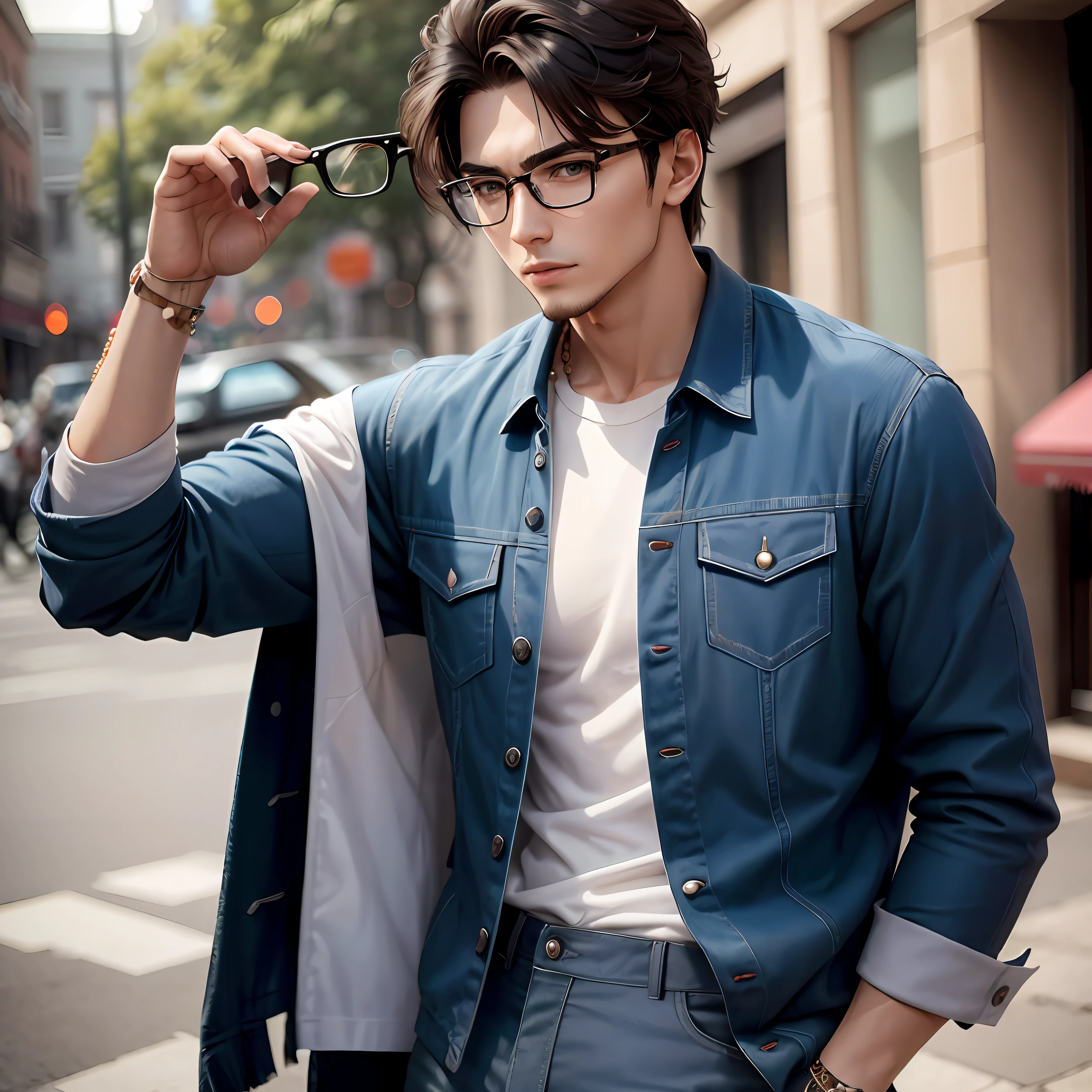 male people，26 year old，170cm，wears glasses，Thin in size，Left hand Armani watch，Right hand Buddha bead bracelet，Sports and leisure，short- sleeved，occupation：E-commerce designer