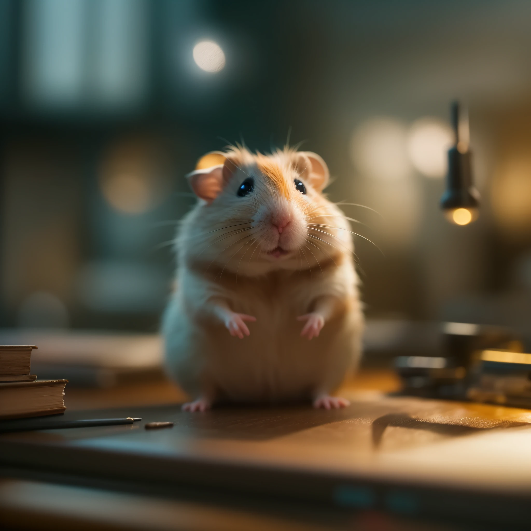 A furry hamster sits on a desk, Animal focus, looking at viewert, realisticlying, Background bokeh,handpainted,digitial painting,gentlesoftlighting,4K 分辨率,photoreal render,Highly detailed and clean,movie light effect,Photorealistic masterpiece,professional photoshooting
