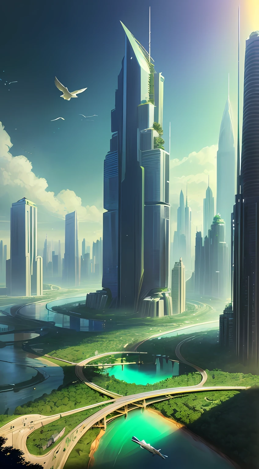 (HD sci-fi concept art,ultra-realistic realism,towering skyscrapers,A vast cityscape with entwined greenery and meandering rivers,Flocks of free-flying birds)