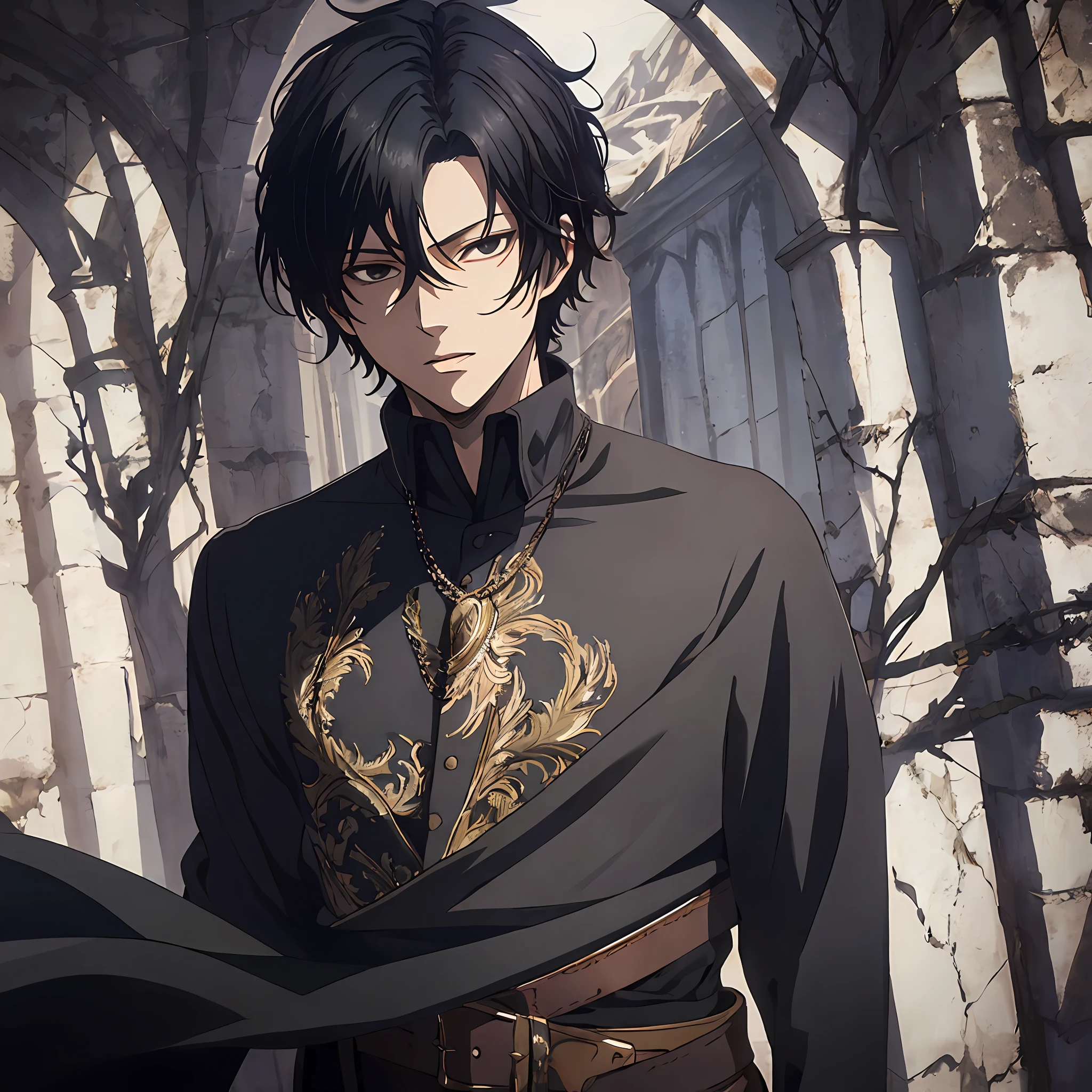 masterpiece, best quality, 1man, adult, male focus, solo, dark black hair, short hair, black eyes, looking at viewer, closed mouth, Fantasy aesthetics, Highly detailed, shadowverse style, black attire