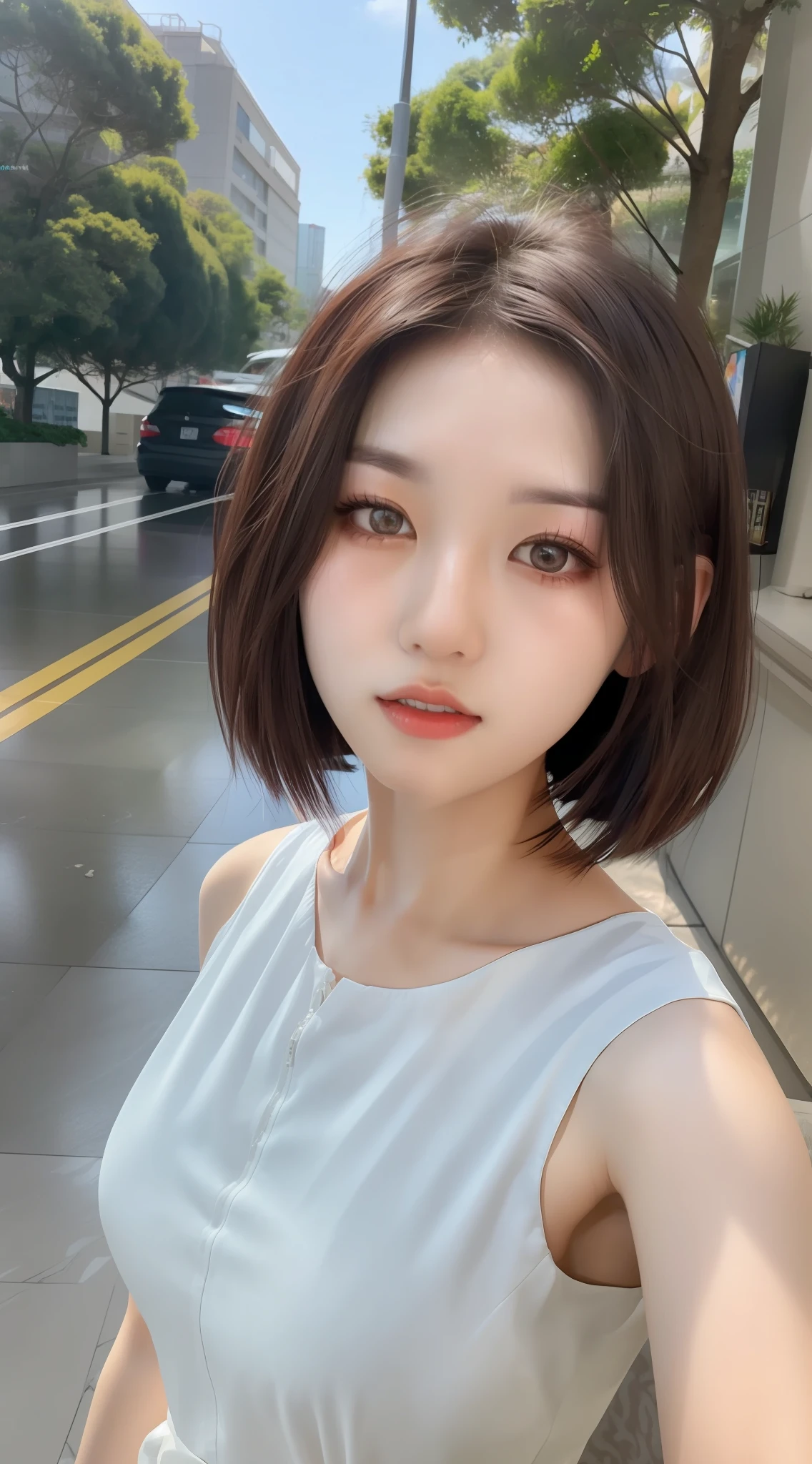 A woman with short brown hair in a gray dress, with short hair, beautiful Korean women, Korean girl, Beautiful young Korean woman, young lovely Korean faces, Gorgeous young Korean woman, young cute wan asian face, white hime cut hairstyle, ulzzangs, wan adorable korean face, girl cute-fine face, jaeyeon nam, Korean symmetrical face