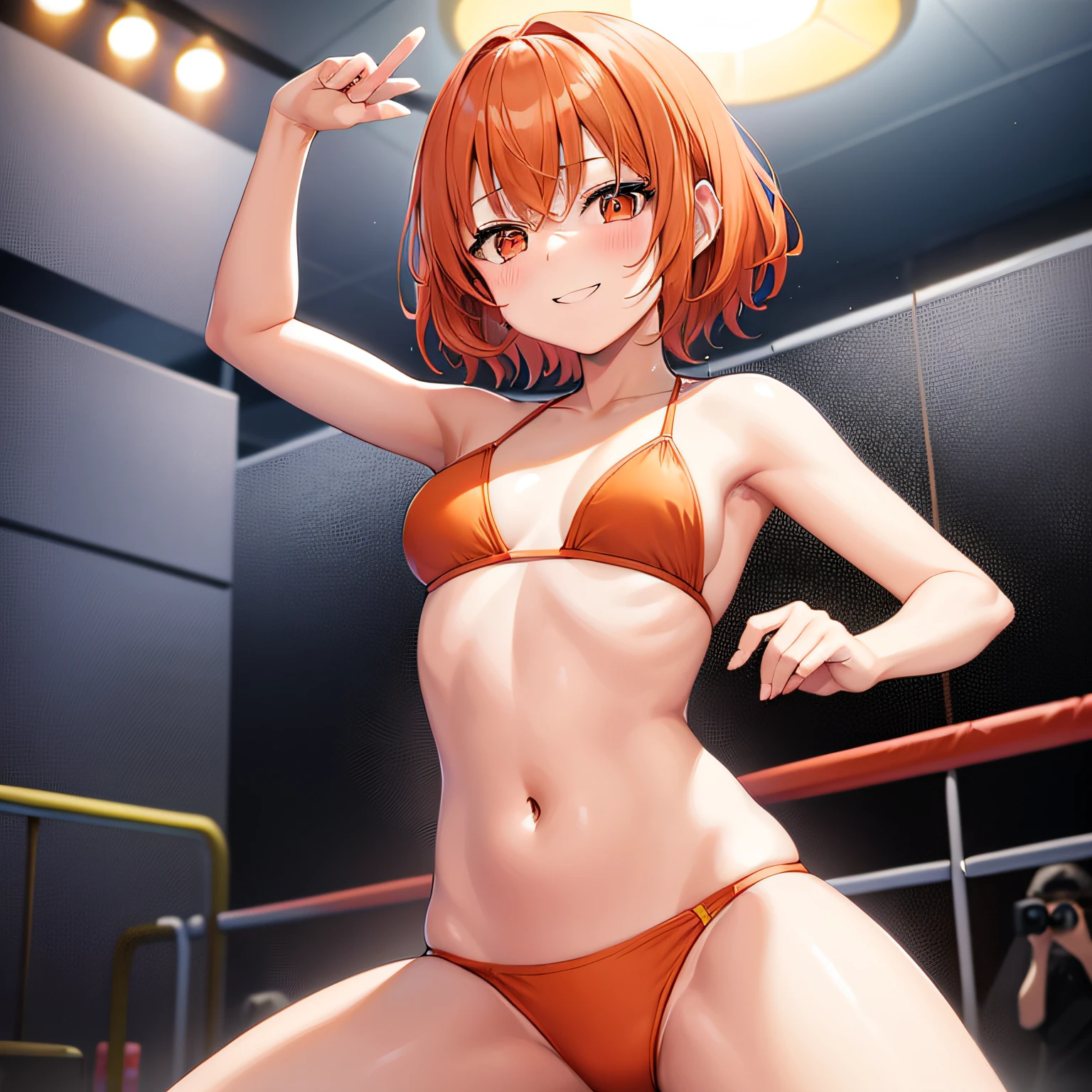 1girl in, {{{{Yu Kitazawa}}}}, {Band Dream!}, Orange hair, Red Eyes, Short hair, Small breasts,Orange high-leg micro bikini、(Orange wrestling shoes)、Indoor pool、Stand on a pool float、is standing、Screen behind、Happy smile、Raise your right hand high、professional wrestling