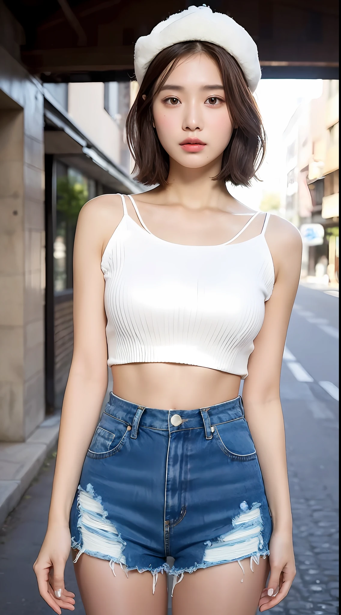 ((Best Quality, 8K, Masterpiece: 1.3)), (Flower Cap: 1.3), Focus: 1.2, Perfect Body Beauty: 1.4, Buttocks: 1.2, (Layered Haircut: 1.2)), (Dark Street: 1.3), Highly Detailed Face and Skin Texture, Full Body, Delicate Eyes, Double Eyelids, Whitened Skin, Long Hair, (Round Face: 1.5), (Loose Crop Top, Shorts: 1.6)