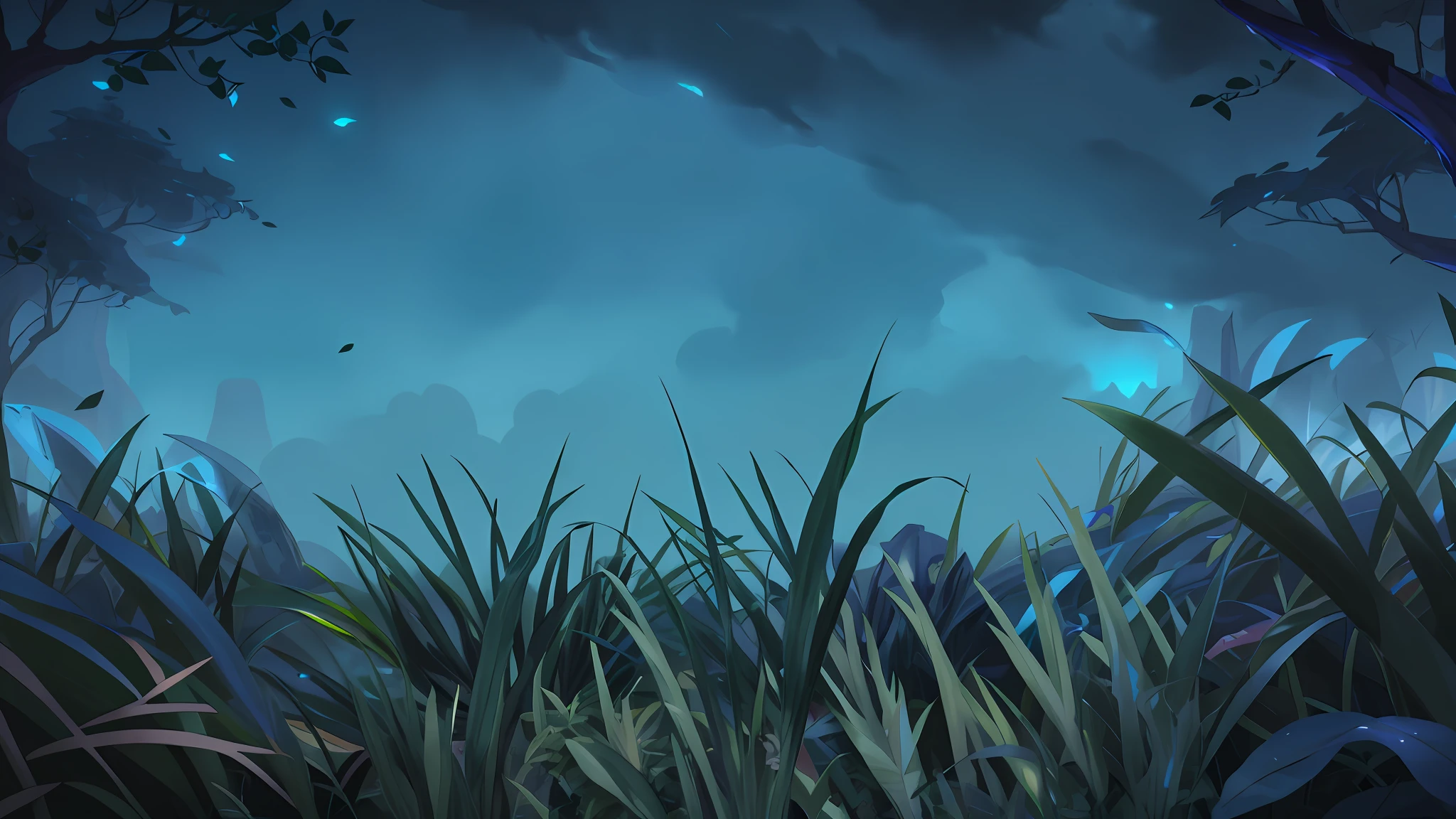 Lush greenery，A plant，Skysky，the night，Onmyoji detailed art, league of legends style art,