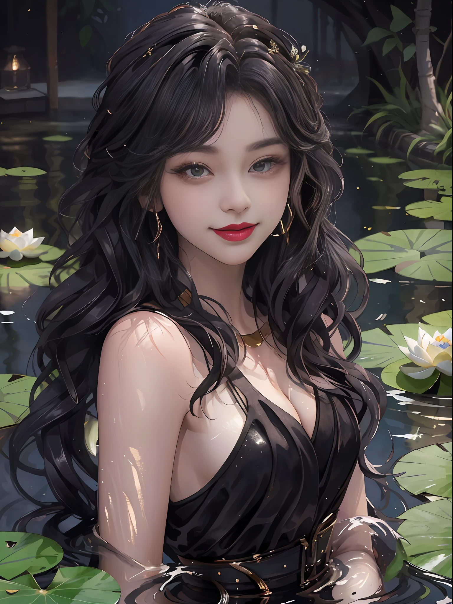 best qualtiy，8K，Best quality，(the detail:1.4), There was a woman floating in a pond，This is a close-up illustration created in the Guvez style，Depicting people in the water。The character has a black wavy hairstyle and bangs，It was a beautiful young woman。Her skin shimmered with a pure white sheen。Close-up of characters in bodies of water，Works of art painted in the Guvez style，A light smile and lipstick，Beautiful beautiful young woman，Lotus blossoms，，Highly detailed watercolor 8K