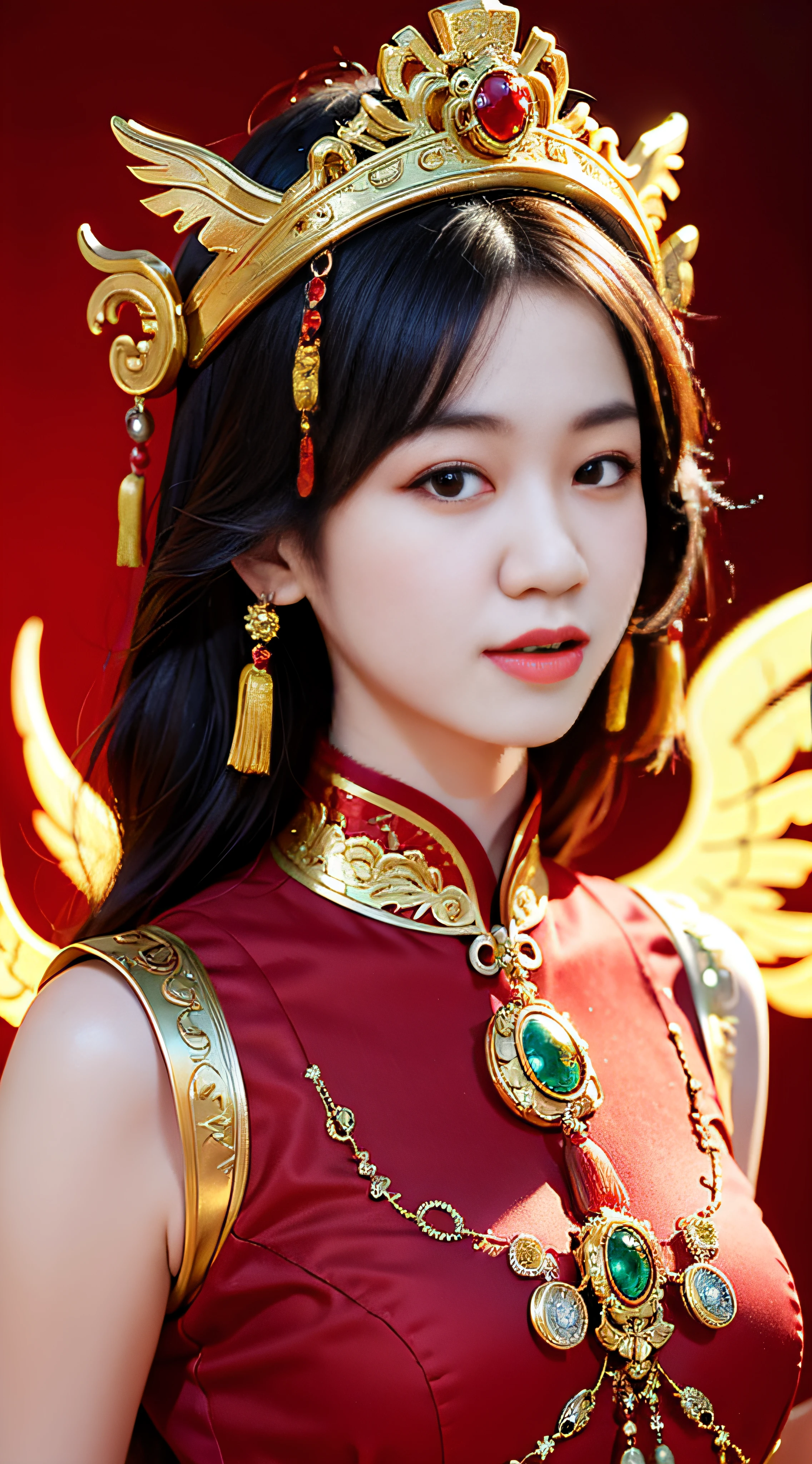 (8k, RAW Photo, Best Quality, Masterpiece: 1.2), (Realistic, Realistic: 1.37), 1 Girl, Woman in Red Dress and Headdress Posing for Photo, Gorgeous Role Play, Beautiful Costume, Chinese Dress, Complex Dress, Complex Costume, Traditional Beauty, Gorgeous Chinese Model, Chinese Costume, Wearing Gorgeous Costume, Wearing Elegant Chinese Xiuhe Dress, Chinese Wedding Dress, Phoenix Crown Xia Hanging, Antique Bride, Xiuhe Costume, Close Up, Wearing Phoenix Crown, Smile, No Watermark, Dragon and phoenix embroidered dress