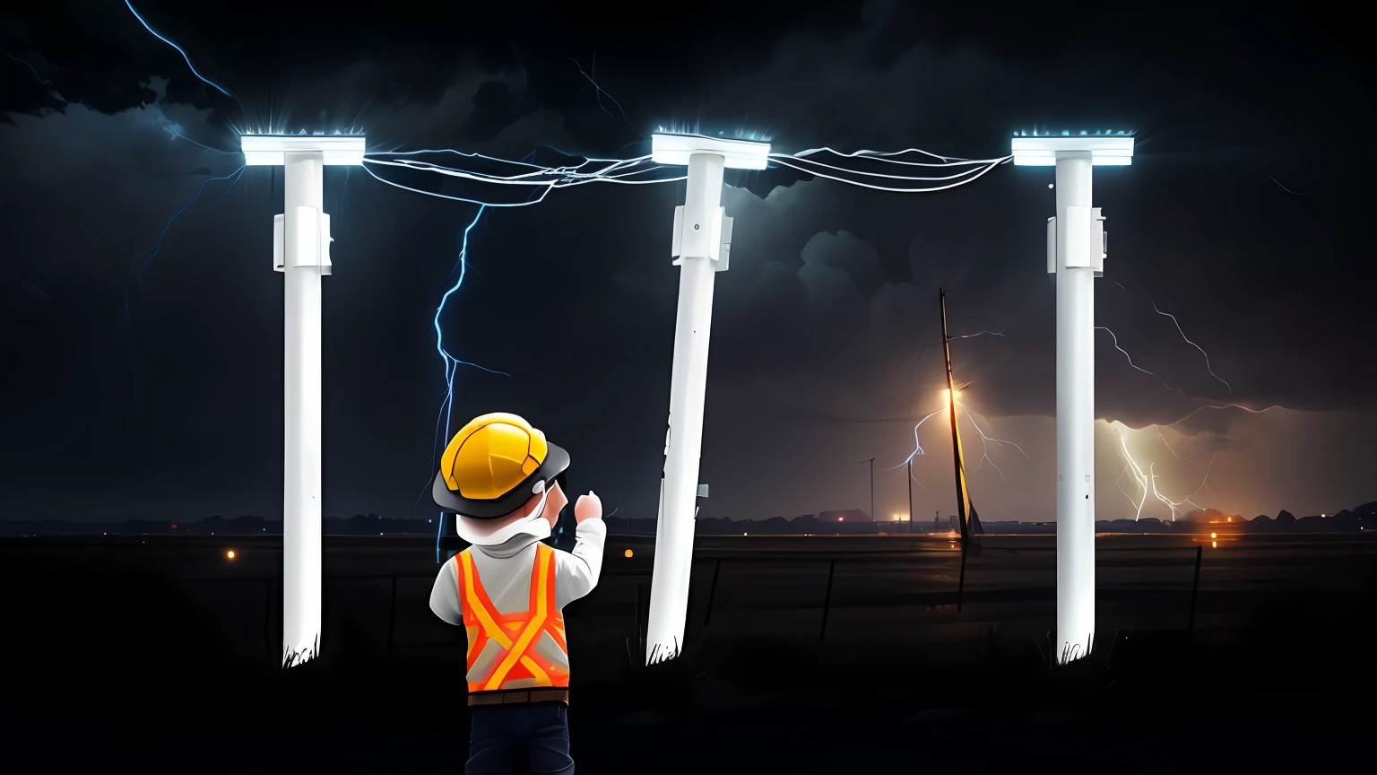 (Image quality tag：High Picture Quality, High definition) , A night of thunderstorms, Three poles, One of them was blown crooked by the wind,(Describe tag: crumbling), One worker saw this.
