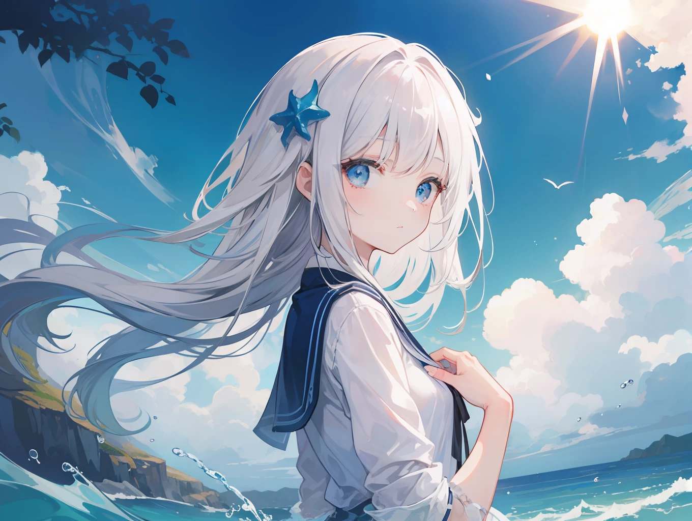 (Background), masutepiece, Best Quality,Illustration, Wallpaper, Ultra Detail, absurderes, 1girl in, Solo, (liquid hair:1.2), Beautiful detailed eyes,
Bangs, Cowboy Shot, Long hair, magical girl, White hair, vague, Water, water dripping, Looking to the side, playing in the water,
Sea water,Beach,Sea, cliff, Sun, Cloudy sky,