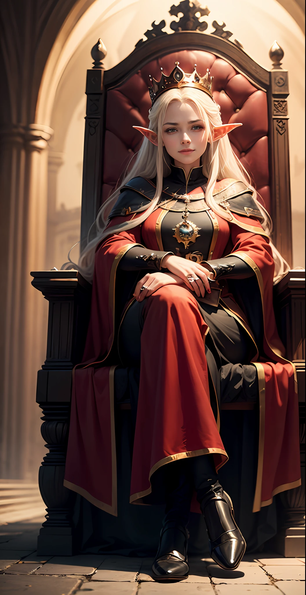 whaite hair, red - eyed,The weak female elf had a deep gaze,Crown on head,The crown is dark red,The expression was indifferent,A mocking smile appeared at the corner of his mouth,in red robes,with fair skin,Wearing long black leather shoes,Sit on the throne of a medieval-style palace,The surface of the throne is dotted with precious stones,Look down and look down,There is a strong sense of oppression --auto