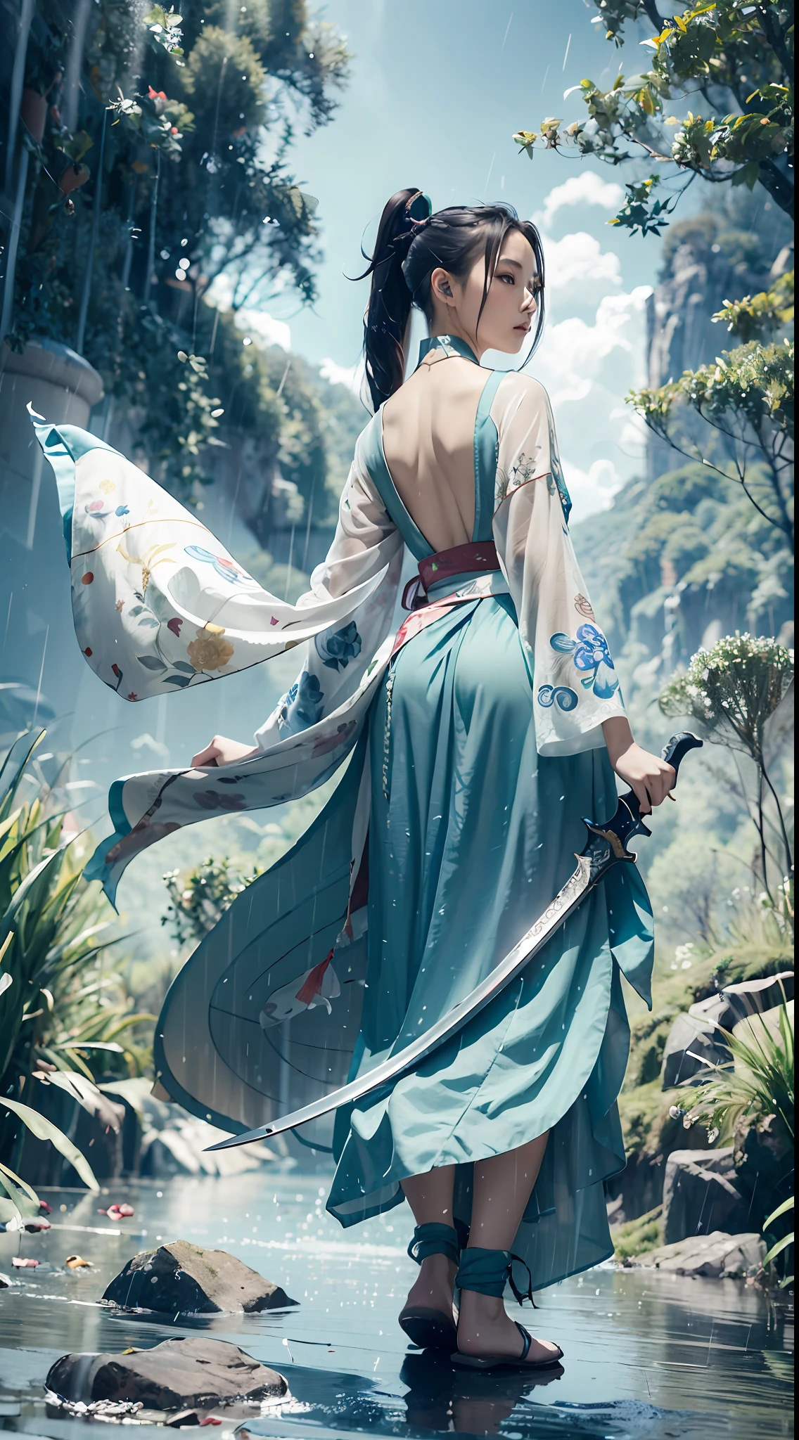 The heroine of the novel walks in the rain,with petals falling, a digital rendering by Shitao, romanticism lain, full-body wuxia, beautiful avatar picture, Wuxia, Beautiful depiction, this is beautiful, Yi Qiang and Shurak,Background image on the back,Back shadow,long whitr hair, White hair,Kizi,Open terrain,Ancient Chinese style,Single ponytail,Long sword,Xuan Xiu Immortal Realm,flat land,the woods,Birds,,The sky is gray-blue,mythological beasts,High mountains and flowing water,Two-dimensional wallpaper,aquarelle,Novel painting,Novel pictures