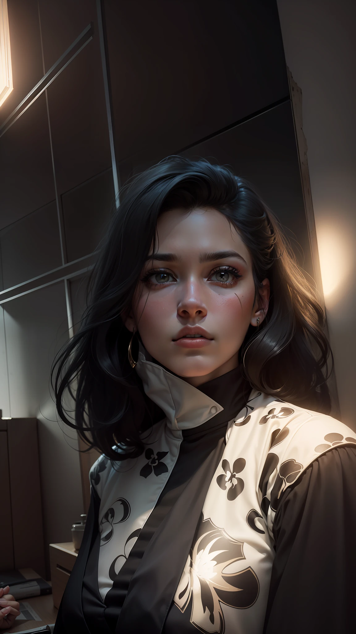 A mesmerizing masterpiece capturing a photorealistic portrayal of a woman with black hair cascading around her face. Her piercing black eyes, subtly blurred yet captivating, draw the viewer's gaze with an intensity reminiscent of "The Matrix." She gazes directly at the viewer, exuding confidence and intrigue. The lighting is expertly crafted, casting beautiful shadows and highlighting her features with professional precision. The background is softly blurred, emphasizing her presence while maintaining a sense of depth. The portrait exudes a sense of realism, with meticulous attention to detail, including the texture of her short hair and the subtle nuances of her parted lips. The image showcases a film grain effect, adding an artistic touch and enhancing the overall atmosphere