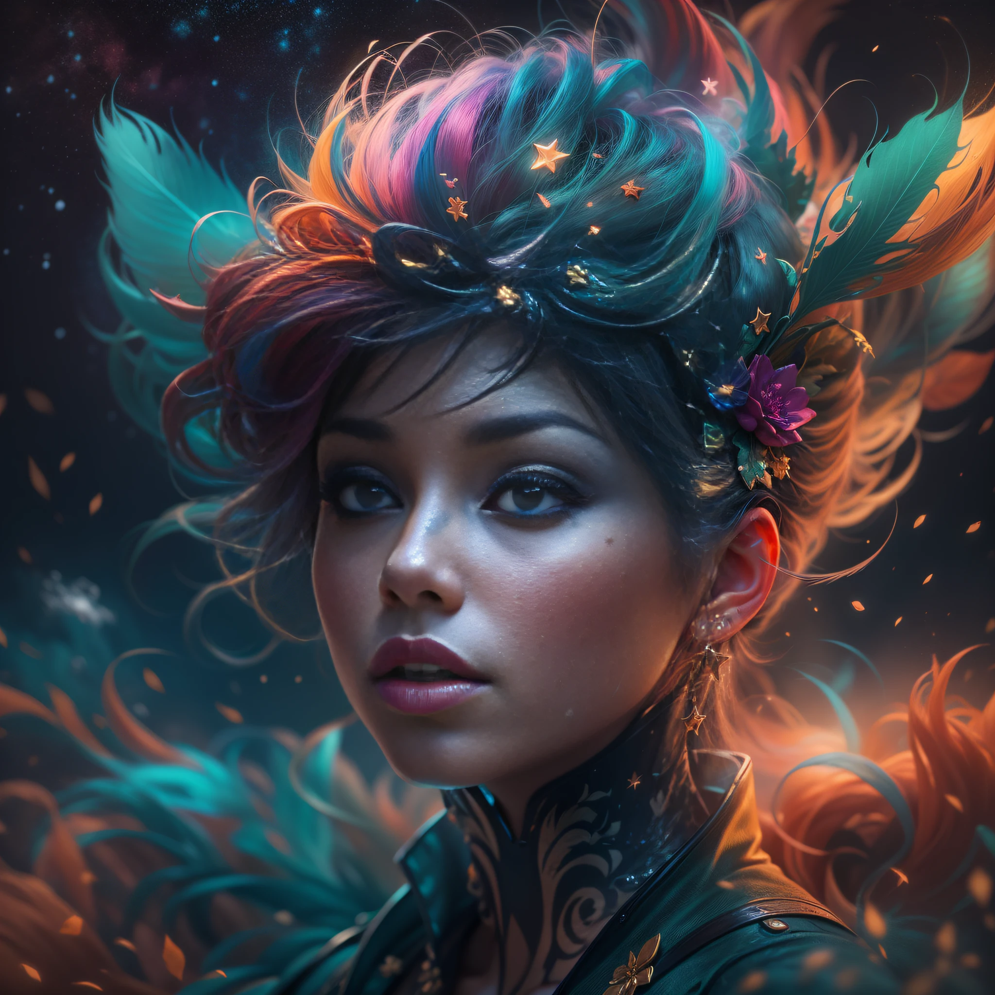 ((Fairy style ,translucid light underwear fairy outfit, Valentina N, Style blended, melted, liquid background of nebulas, clouds stars,)) Nebulosa,Galaxy, clouds, stars, Splash art, style, portrait poster, Adobe Illustrator, Vector, 3D Illustration, Abstract Art, Print illustrations, black Background, Color, rainbow, Trendy Colorful Gradient, Centered, Front View, Hyper Detailed, Photorealistic Rendering, 8k HD, Focused, Super Detailed, head feathers, Intricately Detailed Splash Art Triadic Color Trend Artstation Unreal Engine 5 Volumetric Lighting, Gothic , High resolution, close-up, ambient light,