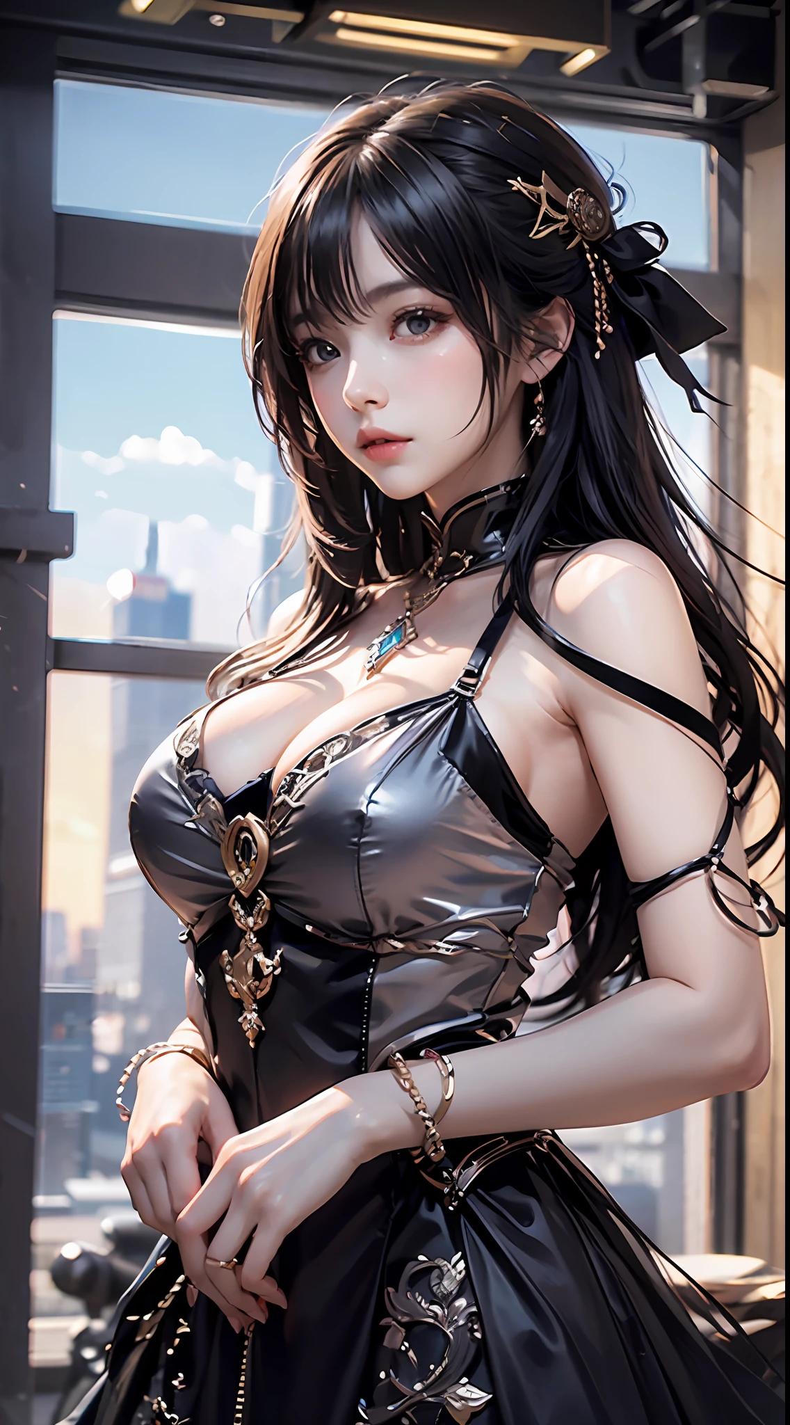 PiratepunkAI, a girl in black dress, round breasts, concept art, epic, hyper-detailed, intricate detailed, medium shot, highres photorealism, High quality CG post production, (masterpiece,best quality, realistic)