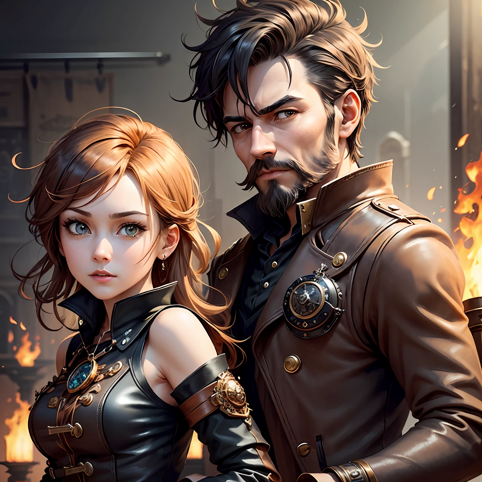 City castle，Black iron edge，Copper tones，Sense of the times，Shabby and extraordinary，Steampunk elements，Cogpunk helicopter，Fire propeller，Sparkling screw drive，(1 man+1 woman)Armed with a double pistol，Reload armor，Eye bands，lbeard，Leather glove，Black leather boots，combat state，Absolute confidence，There are equipment mechanisms ahead，Black walnut knobs with copper gauges，The oncoming wind speed is touching，Rotation of mechanical parts，Show beautiful mechanical charm。 --auto