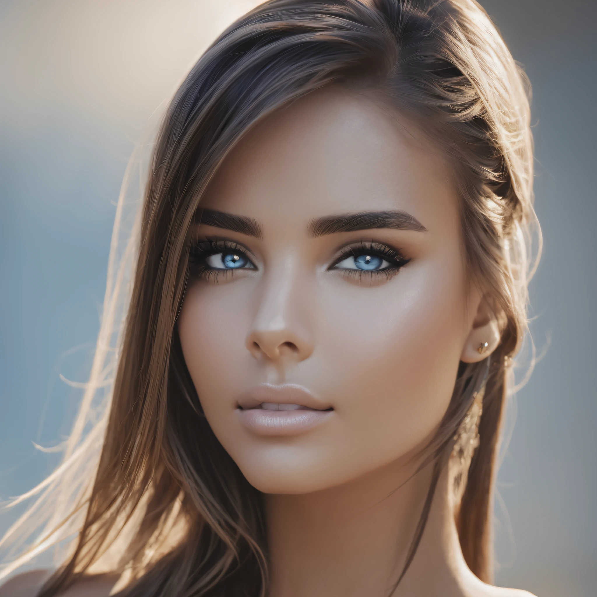 realistic closeup model portrait, A young, vibrant, woman, resembles a young Carmen Electra, slight teasing smile, key light reflecting in her eyes, soft blue eyes, clear facial features a must, rim lighting, perfect composition and lighting, elegant yet alluring, painted background,  Greg Rutkowski --auto