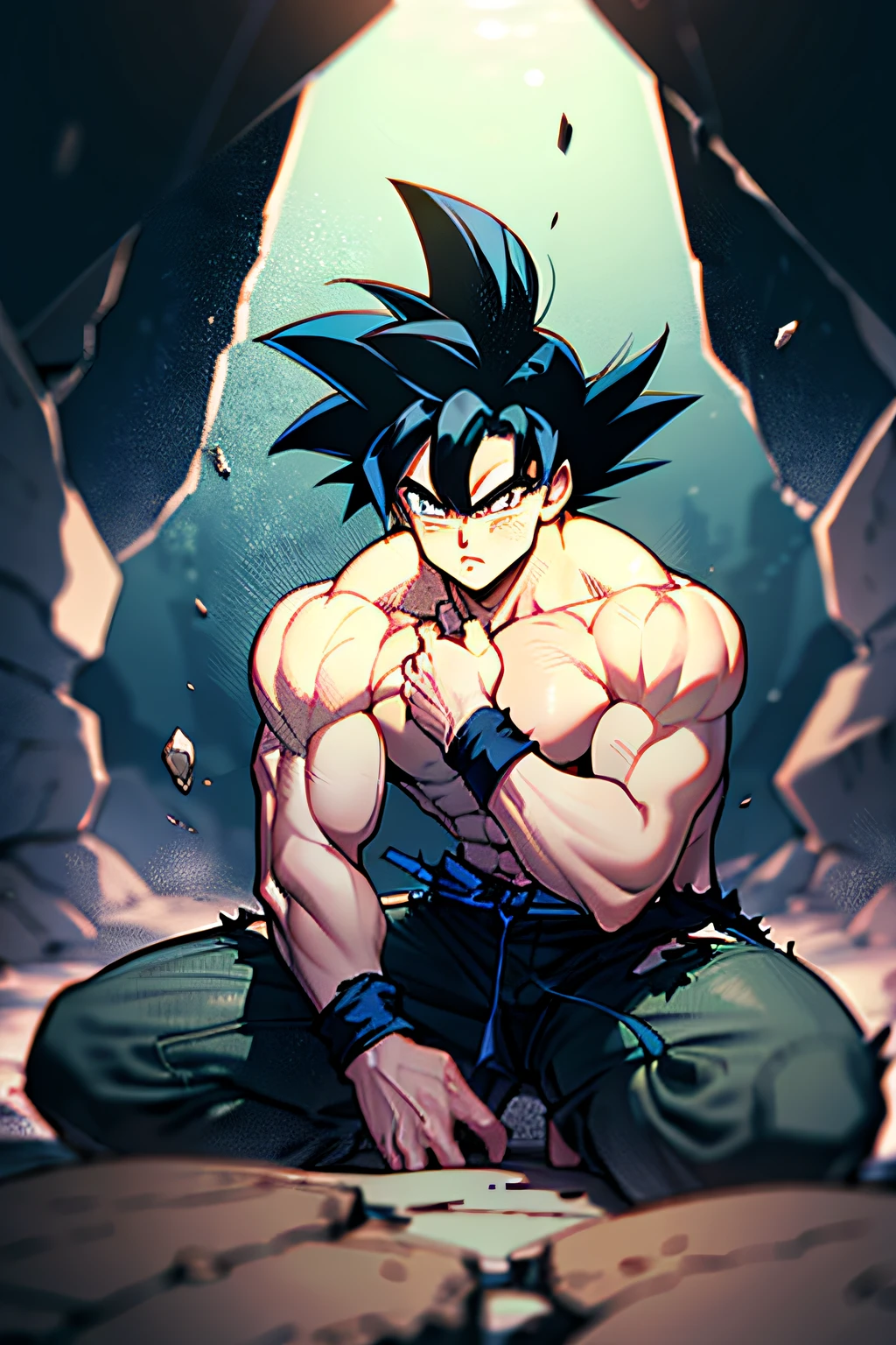 Son Goku，1boy，Keep one's mouth shut，malefocus，musculous，big muscular male，rock music，obi strip，Serious，独奏，，Topless male，ripped clothing，ultra instinct，黑The eye，Black hair，（（tmasterpiece））