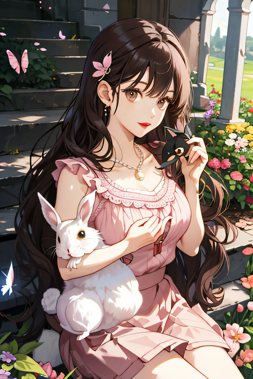 solo, garden, castle steps, depth of field, sweet girl, ((holding rabbit)), wavy black long hair, bangs, dark brown eyes, red lips, light pink skirt, butterfly hairpin, pearl necklace, large_breast