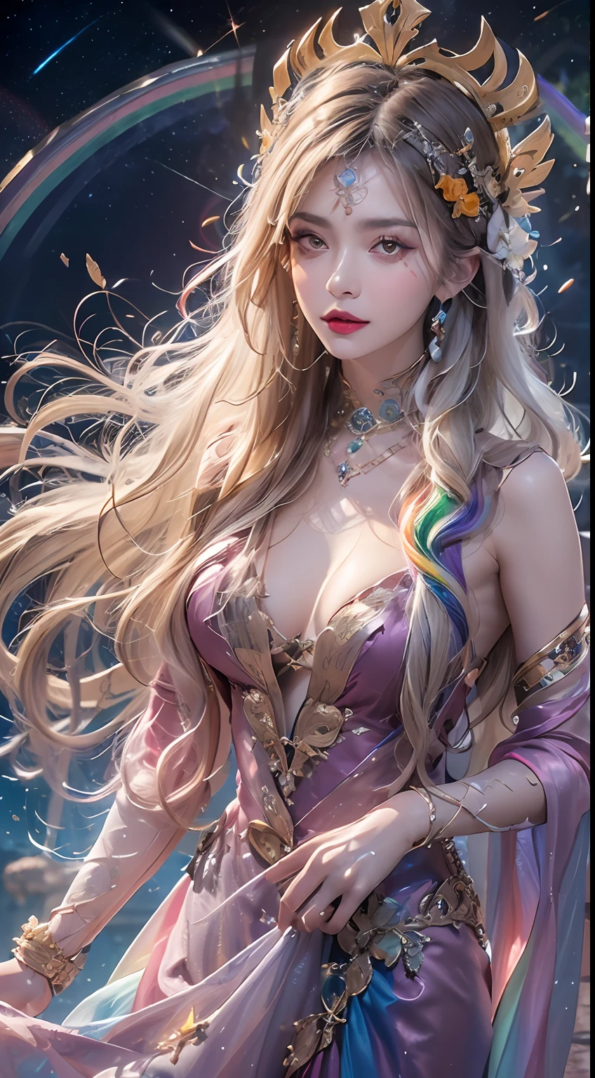 1 27-year-old girl, 1 athena goddess from the future, 12 zodiac goddess pink purple, athena goddess face sexy thin yellow nightgown, long thin nightgown 12 zodiac many limbs sexy black lace detail, mythical goddess of the athena from the future, zodiac ♏, luxurious glittering athena style, dark and mysterious version, athena crown, lipstick red lips, thin and pretty lips, don't smile, keep your mouth shut, characters created by karol bak and pino daeni, intricate detail, detailed background, extremely detailed, light magic, a woman, clear face, looking at the upper body of the goddess of the athena, round breasts, big and round breasts, phoenix hair brooch, long hair with bangs, (Long hair has 7 colors like rainbow:1.9), beautiful detailed face and well-proportioned eyes, (transparent yellow eyes: 1.8), big round eyes and very beautiful and detailed makeup, visionary, long silk nightgown, mysterious makeup, Bracelets, side bangs and dye pale yellow, upper body, (athena goddess upper body: 1.8), drooping arms, Realistic and vivid photo, (stars that make up the athena: 1.7), ( sky athena and fictitious space and time portal: 1.8), fiction art, RAW photo, hanfu photo, best photo , high_res, best quality, best photo, 8k quality, 8k ultra , surrealism, the most economical real photo, artistic portrait of athena signs, 1 symbol of athena signs behind, single portrait of athena goddess, The most realistic color scheme, best photo color, masterpiece, hair ornament, necklace, jewelry, Beautiful face, upper body, tyndall effect, photo realistic, dark studio, border light, two tone light, (detailed skin) high: 1.2), 8k uhd, dslr, soft light, high quality, volumetric light, candid, Photo, high resolution, 4k quality, 8k, Bokeh, Smooth and sharp, pixel up 10 times, Charming athena goddess, sexy athena goddess, (background space: 1.8), (galaxy: 1.7), aurora, lightning, (Aurora Background: 1.8), perfect eyes, photo of perfect eyes, beautiful goddess and flowers,