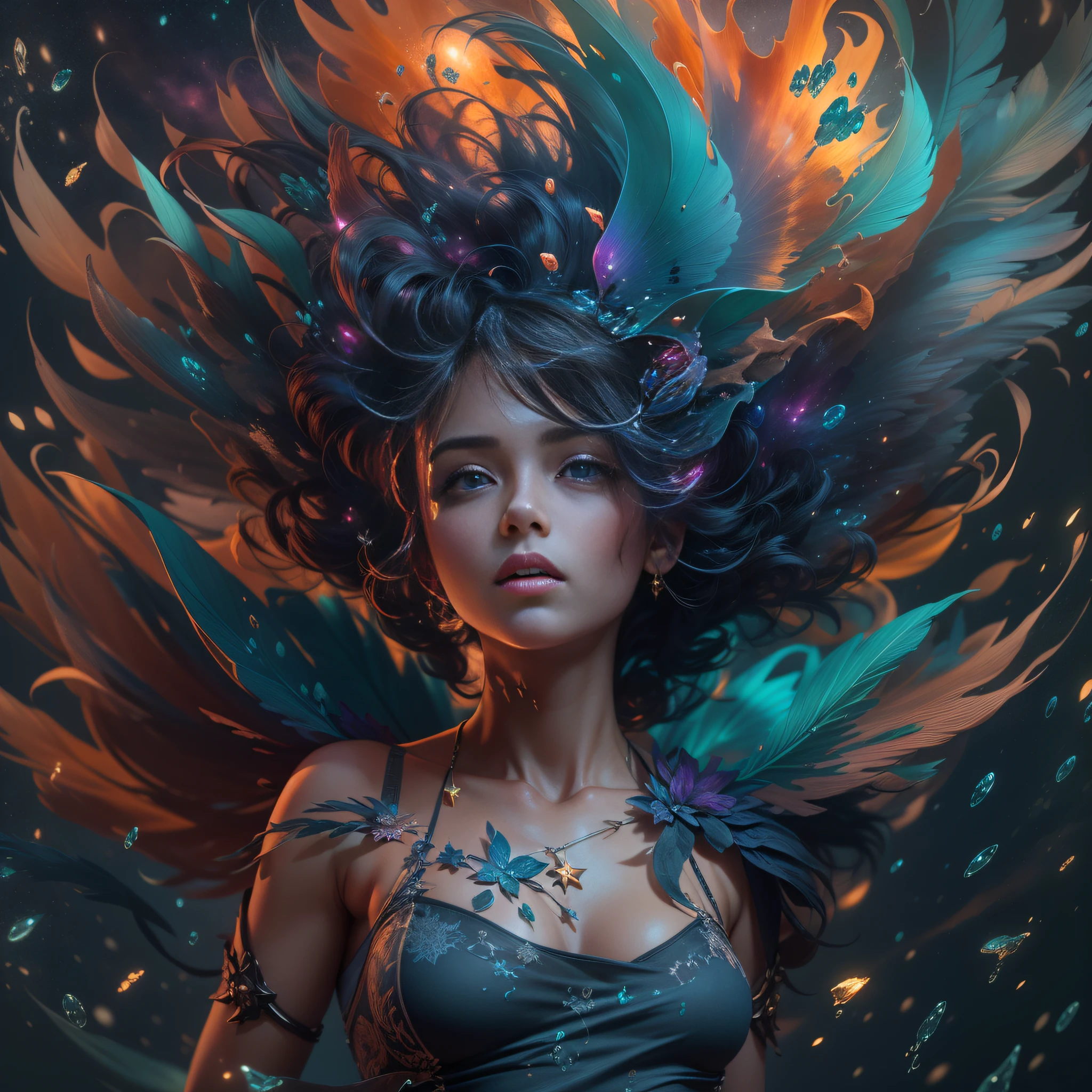 ((Fairy style ,translucid light underwear fairy outfit, Valentina N, Style blended, melted, liquid background of nebulas, clouds stars,)) Nebulosa,Galaxy, clouds, stars, Splash art, style, portrait poster, Adobe Illustrator, Vector, 3D Illustration, Abstract Art, Print illustrations, black Background, Color, rainbow, Trendy Colorful Gradient, Centered, Front View, Hyper Detailed, Photorealistic Rendering, 8k HD, Focused, Super Detailed, head feathers, Intricately Detailed Splash Art Triadic Color Trend Artstation Unreal Engine 5 Volumetric Lighting, Gothic , High resolution, close-up, ambient light,