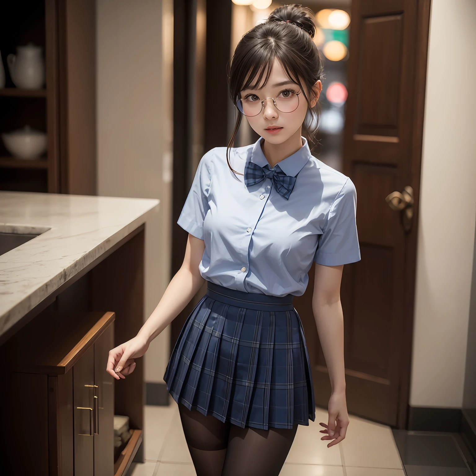 (8K、Raw photography、top-quality、masterpiece:1.2),full body Esbian,masterpiece,top-quality、超A high resolution,Raw photo,ren,Beautiful fece,One Person, 独奏,eye glass,,Dark look,Small breasts,fullllbody,Round glasses、cute little、A Japanese Lady,is standing,(Tight eyes,Bullish,skinny,Rasping,irate,small tits,flat breast)、(Photorealsitic:1.37)、Photon mapping,Light blue ribbon,Realistic、Cute little face,Brown-eyed、Black socks、Red bow tie、Radio City、Physically Based Rendering、Foreground、depth of fields、Blurry background、a picture,The girls、Body, Long legs, Thin leg, Single knot ponytail,Let your hair flow forward、(Bangs are visible), hair, s lips, Blue_The eye, nosesoft, Light blue shirt, Navy blue and blue and white plaid pleated skirt, Sheer clothing,, Thigh, Black cotton socks,Nogizaka Idol, 女優, Japanese ido