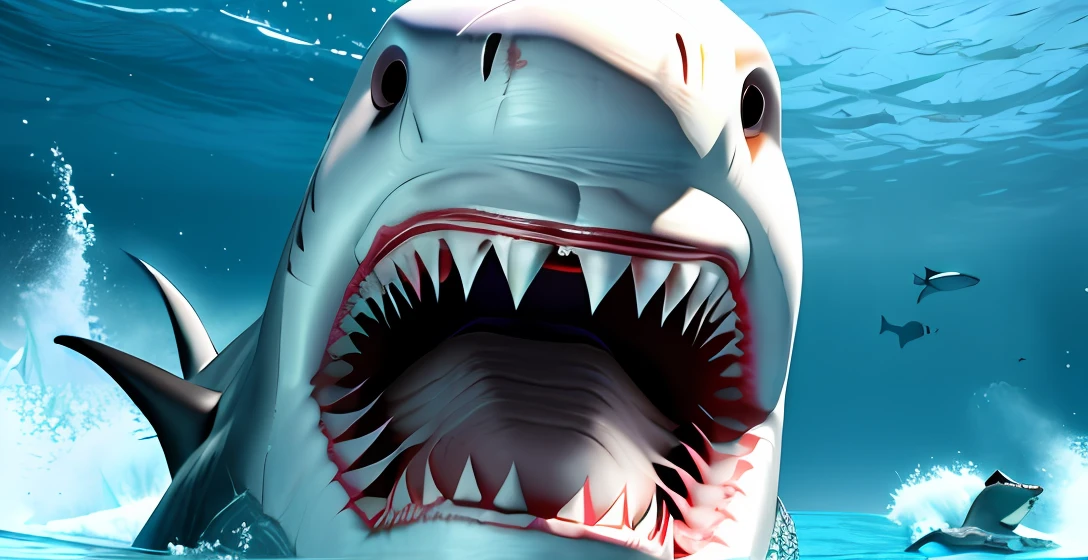 There is a shark swimming around in the sea，Lots of fish around, Great white shark, megalodon, , 3 d epic illustrations, author：Adam Maczynski, Ultra-Realistic Illustrations, Realistic illustration, Great white shark,CG art, realistic paleoart, ultra realistic concept art, realistic photography paleoart, amazing depth