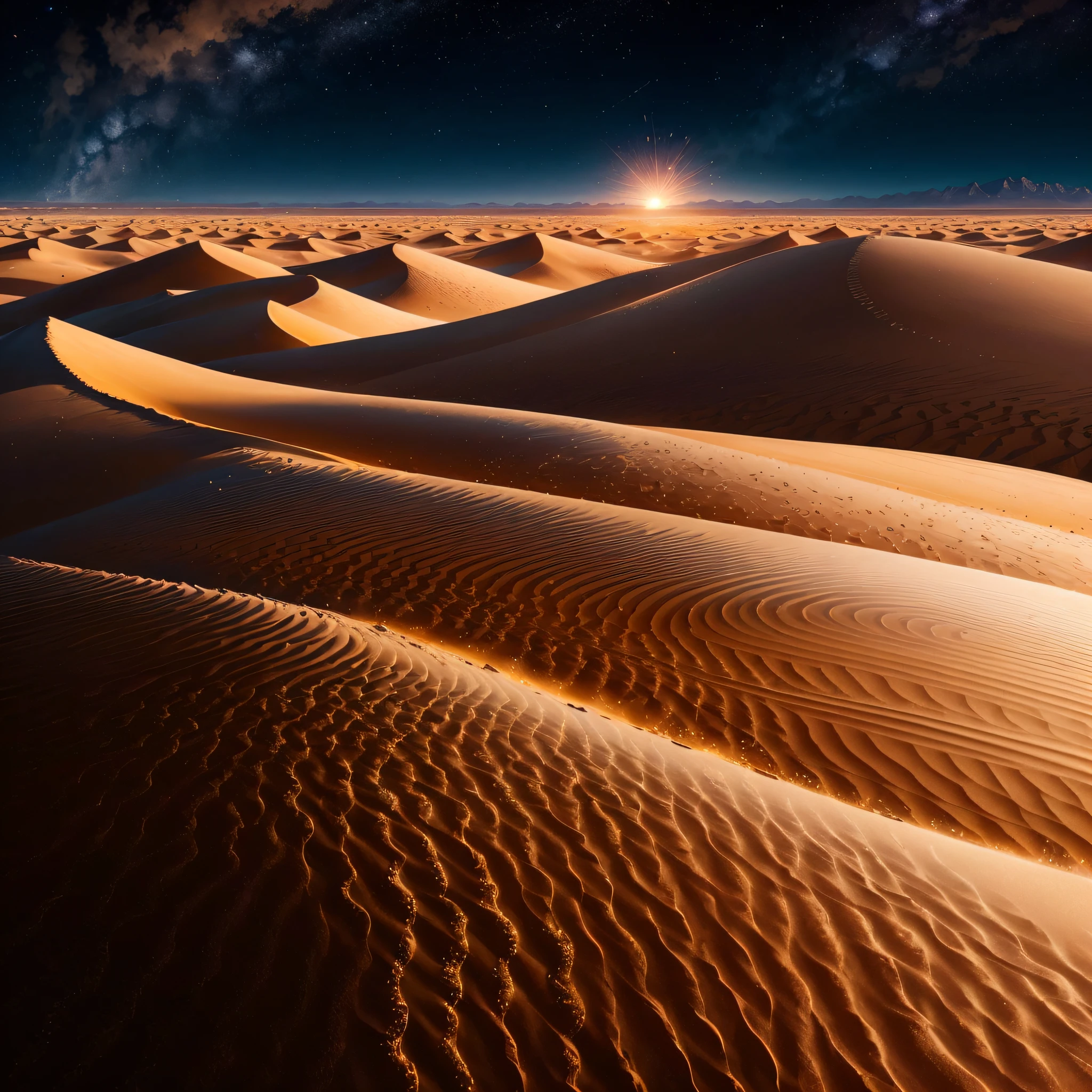 In the middle of the endless desert，Golden grains of sand spread out，It's like a sleeping ocean。The sun shines mercilessly on this vast land，Dye it a blazing color。The dunes are undulating，Like a flowing wave，It seems to be calling for travelers from afar。

The wind of the desert blows，Bring bursts of heat，It's like fireworks。The wind and sand swirled in the air，Numerous vortices and spirals were formed，It makes you feel like you are in a mysterious labyrinth。Mountains loom in the distance，It seems to be an illusory and magnificent painting。 --auto