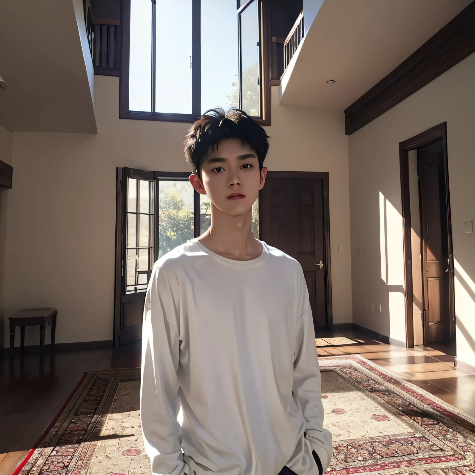best quality, masterpiece, (photorealistic:1.4), 1boy, solo, short hair, big eyes, white t-shirt ,long sleeves, upper body, dramatic lighting, looking at viewer,(hands behind back:1.2), standing, indoors, living room, tables, carpet, wooden floor, decorations, window, sunshine