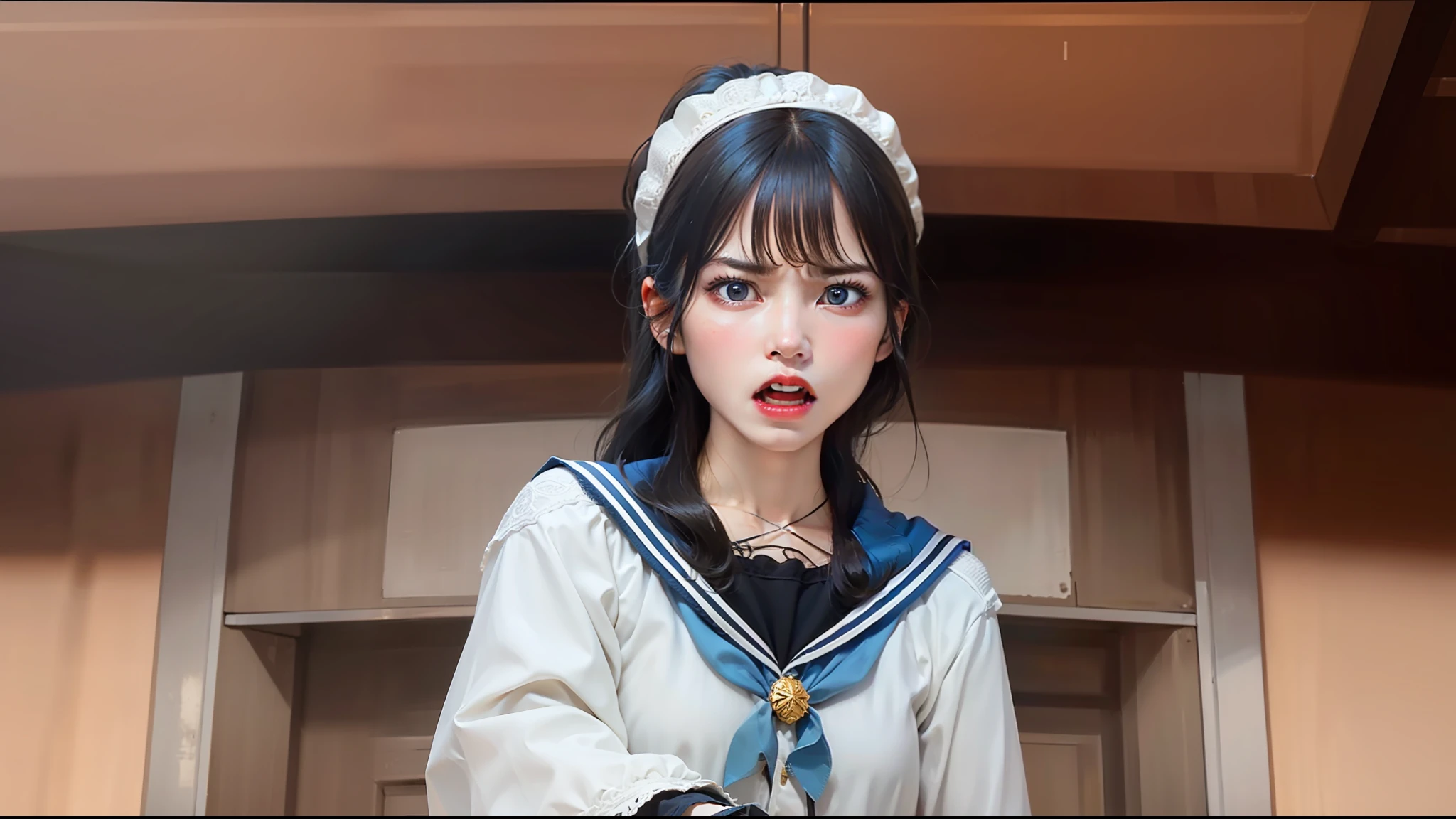 1 girl, long hair, black hair,blue eyes, annoyed,realistic, ultra realistic, backgound lift,Upset with open mouth, angry