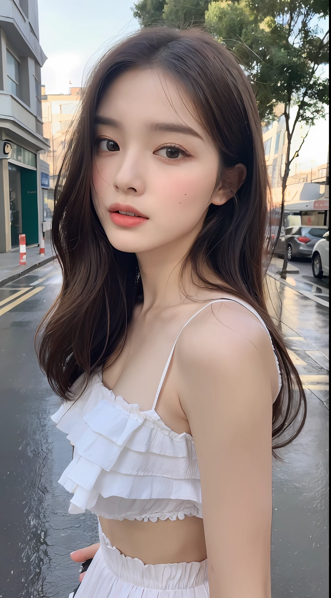 ((Top Quality, 8k, Masterpiece: 1.3)), Focus: 1.2, Perfect Body Beauty: 1.4, Buttocks: 1.2, Middle Chest: 1.5, (Layered Haircut: 1.2)), (Rain, Street: 1.3), Highly Detailed Face and Skin Texture, Narrow Eyes, Double Eyelids, Whitening Skin, Long Hair, (Round Face: 1.5), sweet_lolita