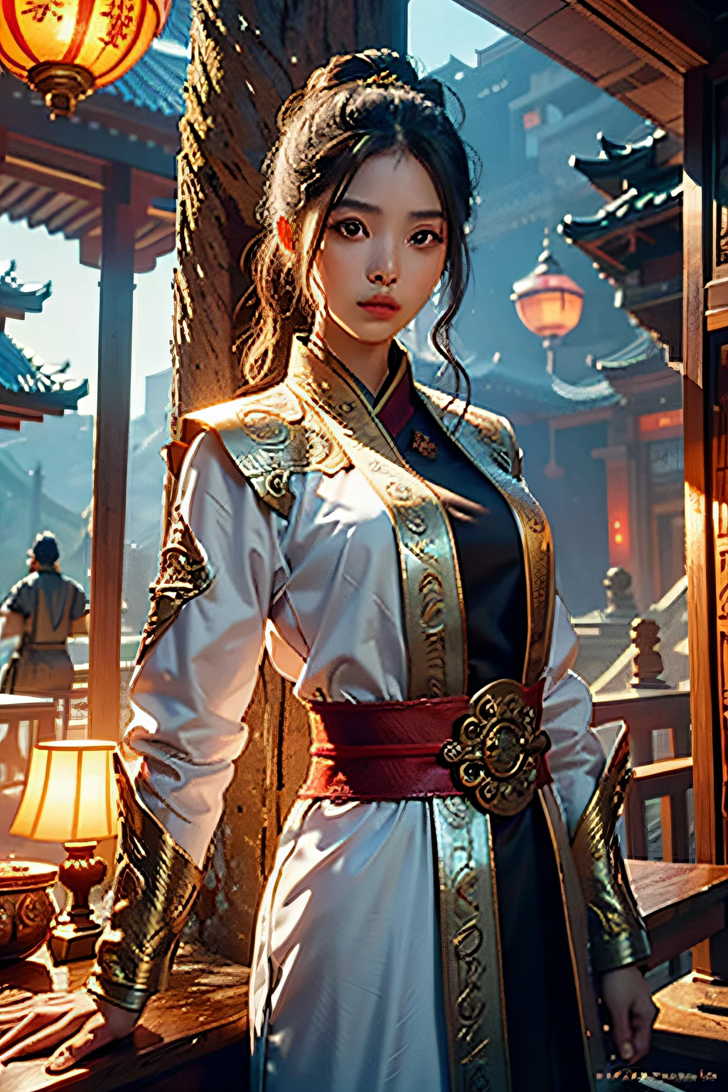 best qualtiy，tmasterpiece，超高分辨率，（realisticlying：1.4），cultivating immortals，arma，Detal Face，sword
1 girl，独奏，arma，，（Magical Circle：1.2），xiuxian，The upper part of the body，a beauty girl，full bodyesbian，Oriental architecture，jacket，buliding，