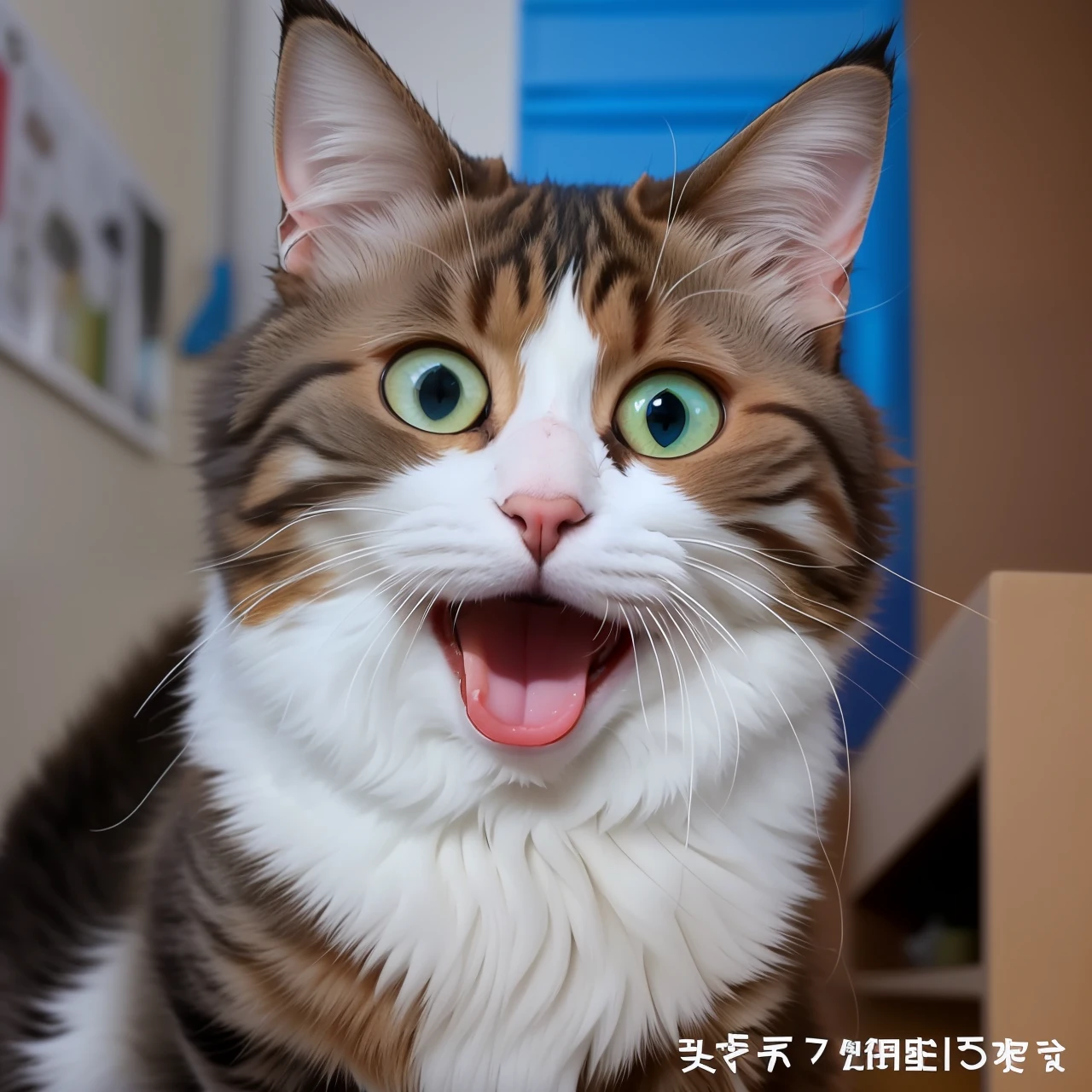 There is a cat sitting on a table with its mouth open, the cat is smiling, a cat is smiling, Happy cat, funny cat, smiling cat, Crying woo-woo , A cute cat, cute cat photo, cat photo, She has a sad face, he is sad, A sad expression, komono, !!! cat!!! --auto