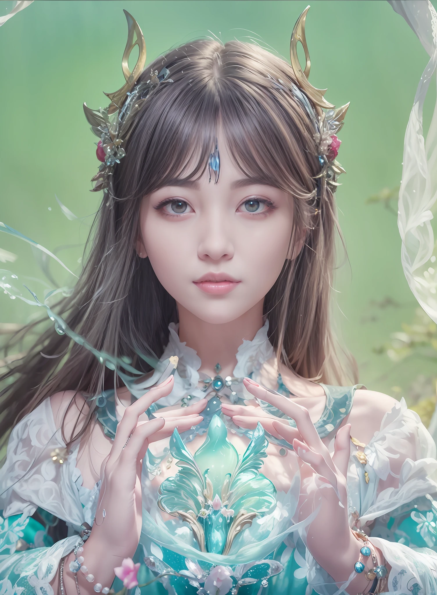 arafed image of a woman with a crown on her head, fantasy art style, ethereal fantasy, yanjun chengt, beautiful and elegant elf queen, ethereal beauty, a beautiful fantasy empress, inspired by Yanjun Cheng, artwork in the style of guweiz, guweiz, digital fantasy art ), beautiful young wind spirit, closeup fantasy with water magic