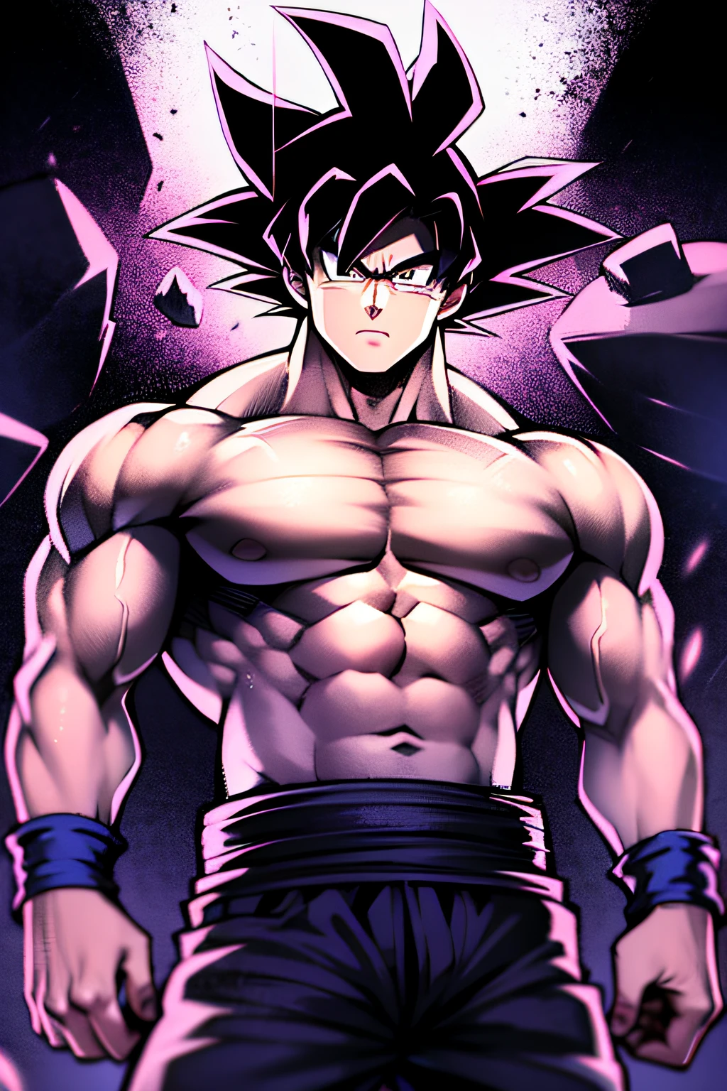 son goku,1boy,Keep one's mouth shut,malefocus,musculous,big muscular male,Rock,obi strip,serious,独奏,,topless male,ripped clothing,ultra instinct,黑The eye,Black hair,((tmasterpiece))