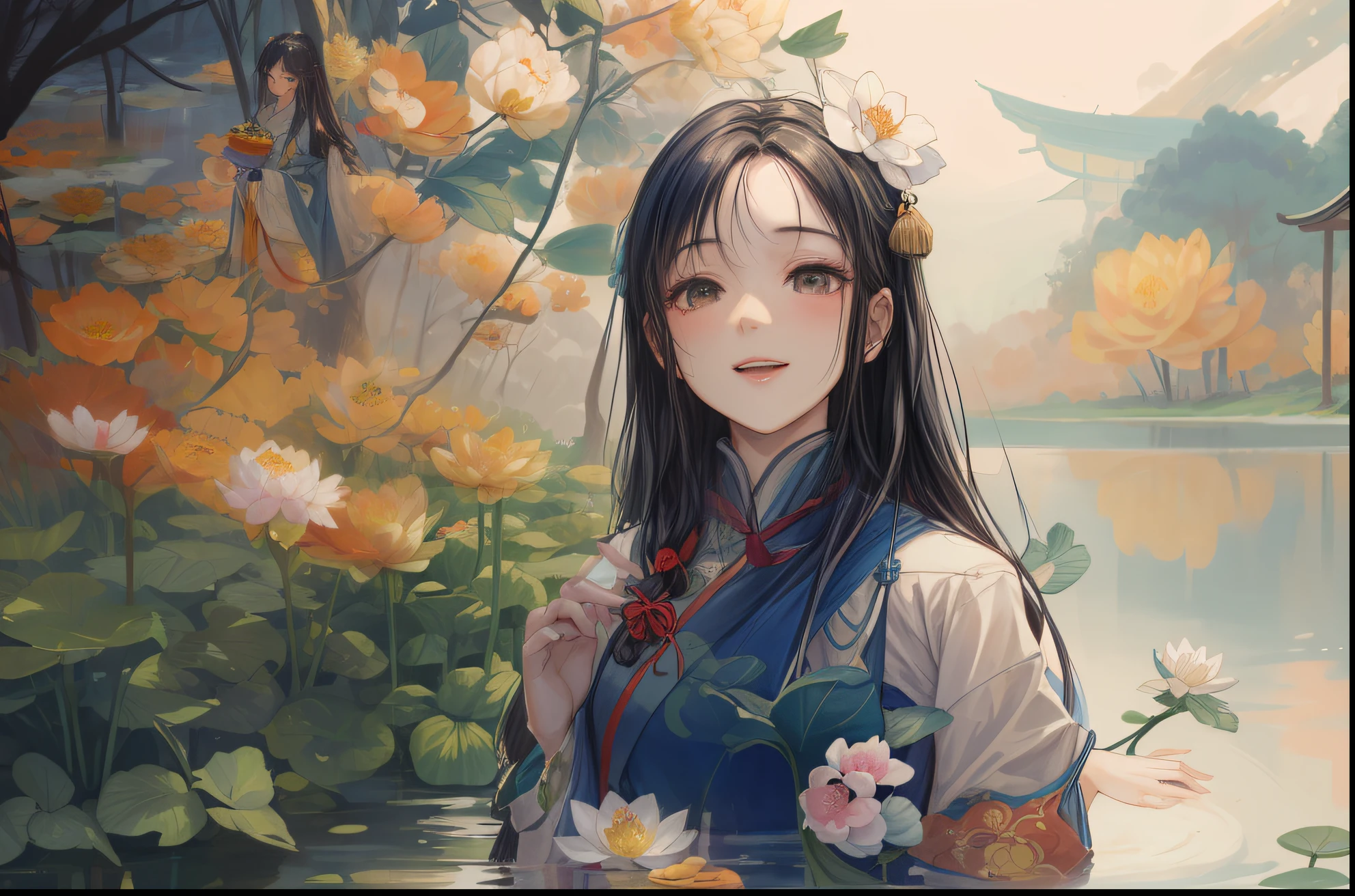 (4k,masterpiece,best quality),shuimobysim,Traditional chinese painting,lotuses,Hanfu,maxiskit,Dress conservatively,1girl,solo,blue long hair,ssmile,standing on your feet,Feet in the water,The barefoot。